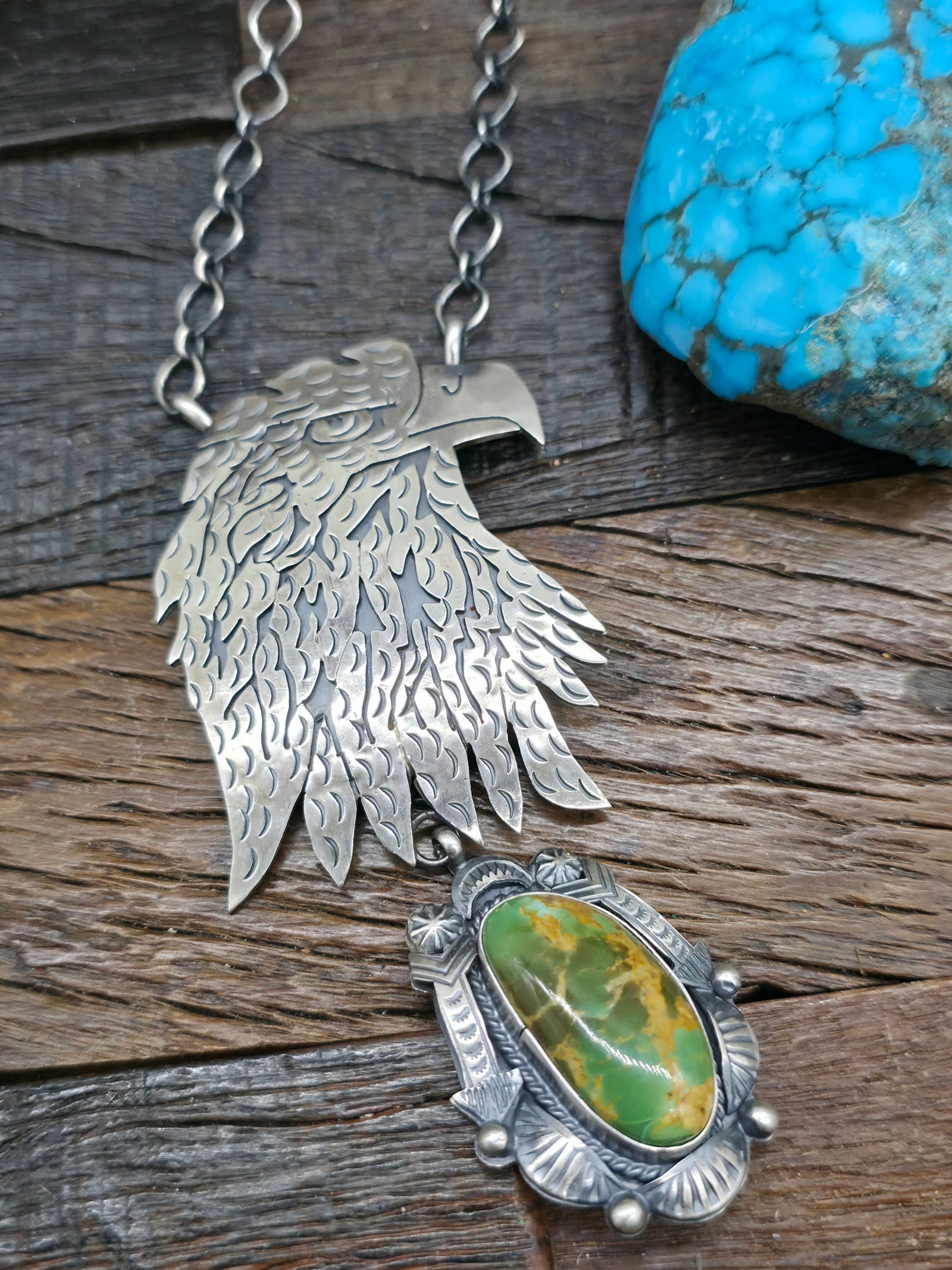 Sterling Silver Overlay Eagle Lariat Necklace with Royston Turquoise Dangle- 20 in.