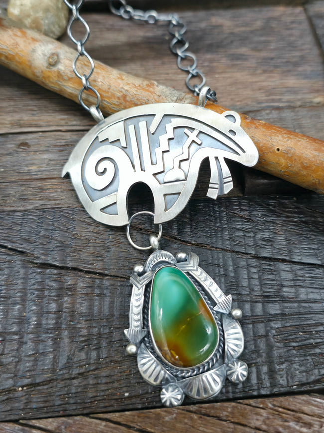 Sterling Silver Overlay Bear Lariat Necklace with Royston Turquoise Dangle- 18 in.