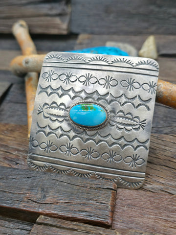 Stamped Sterling Silver and Kingman Turquoise Belt Buckle by Albert Jake - 3 in. by 2 in.