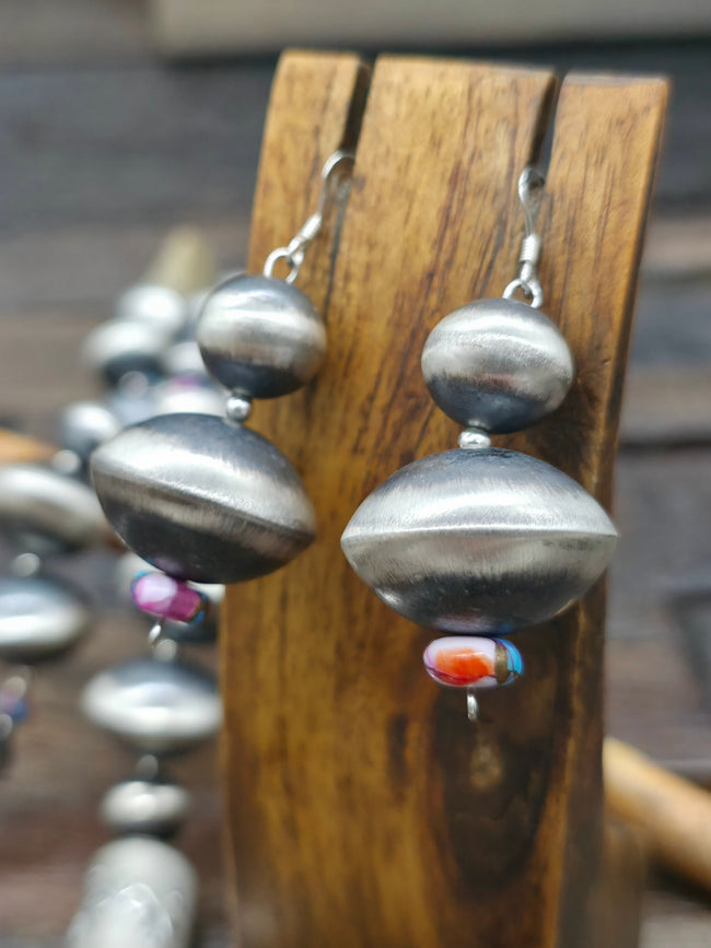 Oxidized Sterling Silver and Turquoise and Spiny Composite Bead Necklace and Earring Set - 36 in.