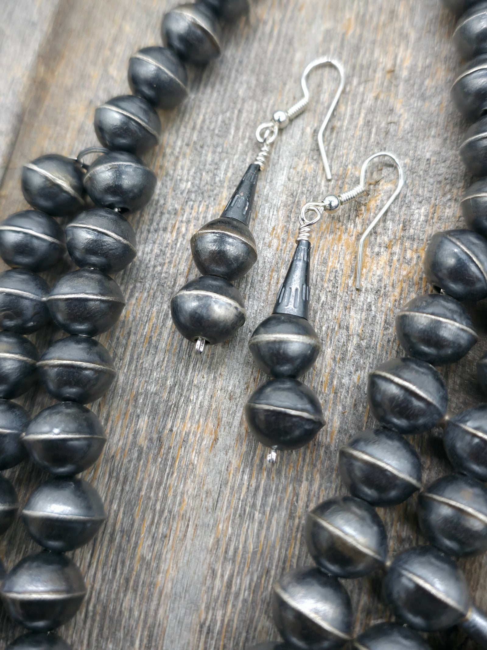 Oxidized Sterling Silver Turquoise Squash Blossom Necklace and Earring Set - 24 in.