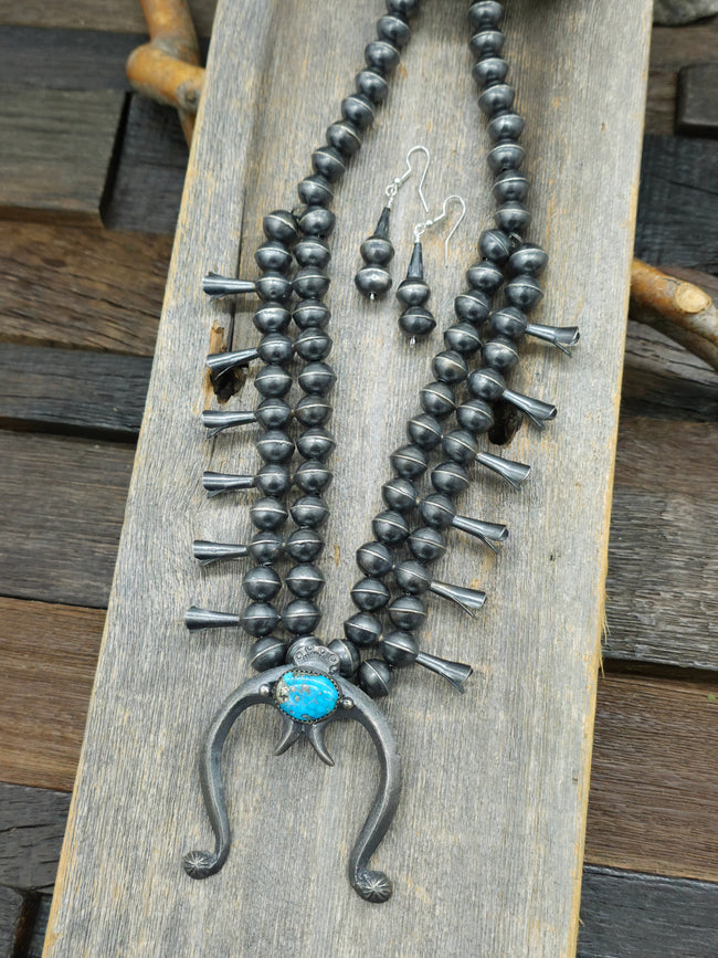 Oxidized Sterling Silver Turquoise Squash Blossom Necklace and Earring Set - 24 in.