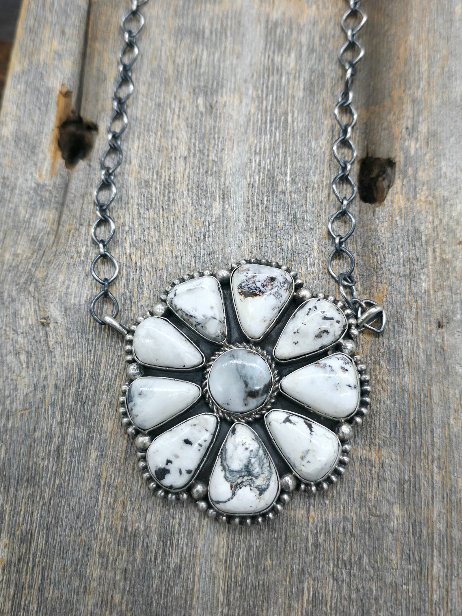 Sterling Silver White Buffalo Cluster Necklace by P. Johnson - 20 in.
