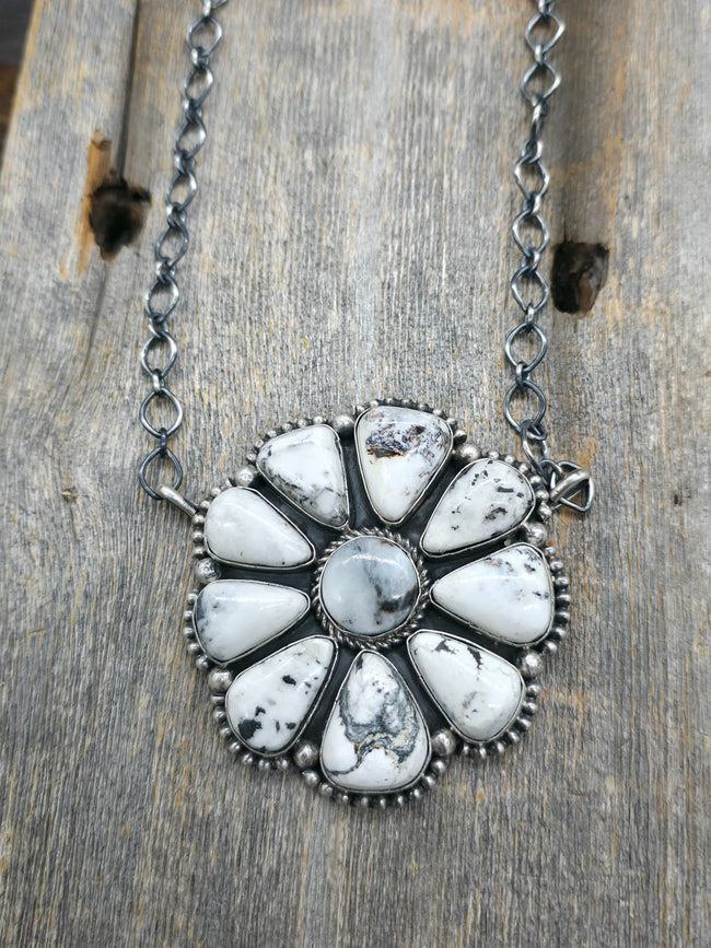 Sterling Silver White Buffalo Cluster Necklace by P. Johnson - 20 in.