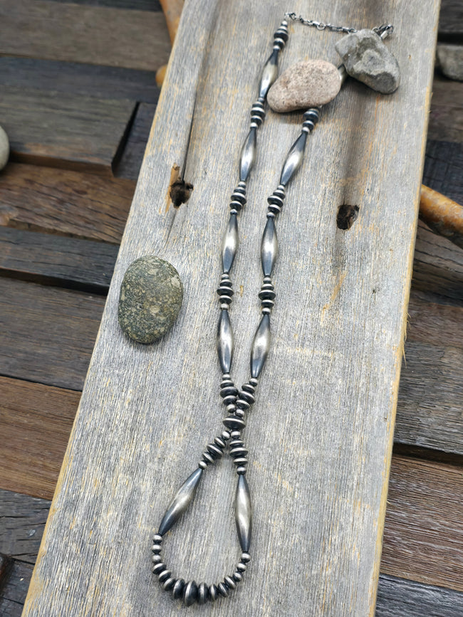 Oxidized Sterling Silver Mixed Bead Loop Lariat Necklace - 18 in. plus 2 1/2 in. Extender
