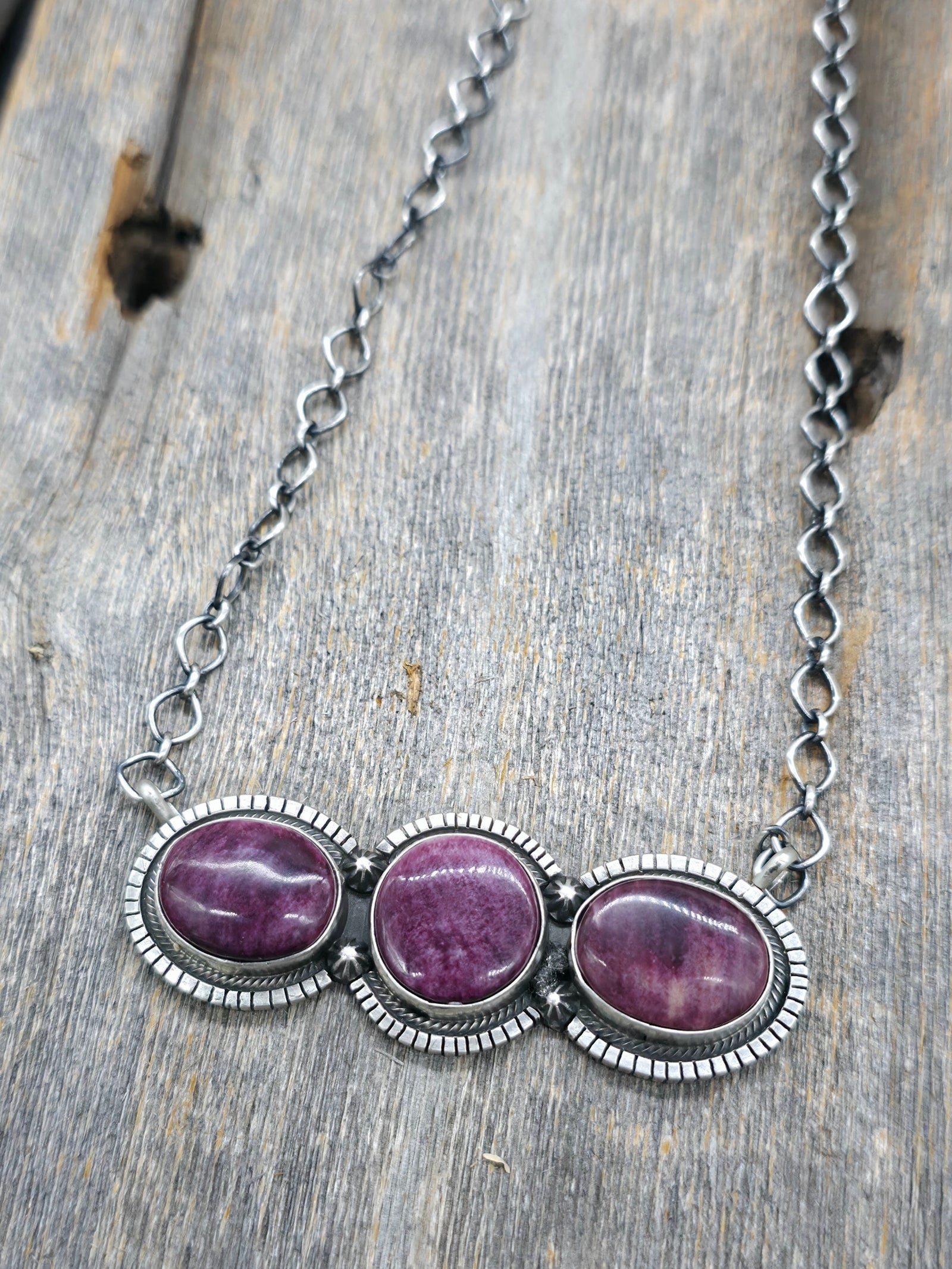 Three Stone Sterling Silver Purple Spiny Pendant Necklace - 18 in.