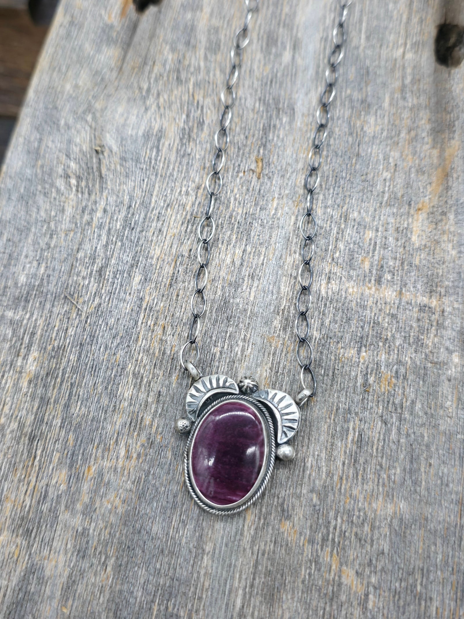 Stamped Sterling Silver Purple Spiny Oval Pendant Necklace by Danny Henio - 18 in.