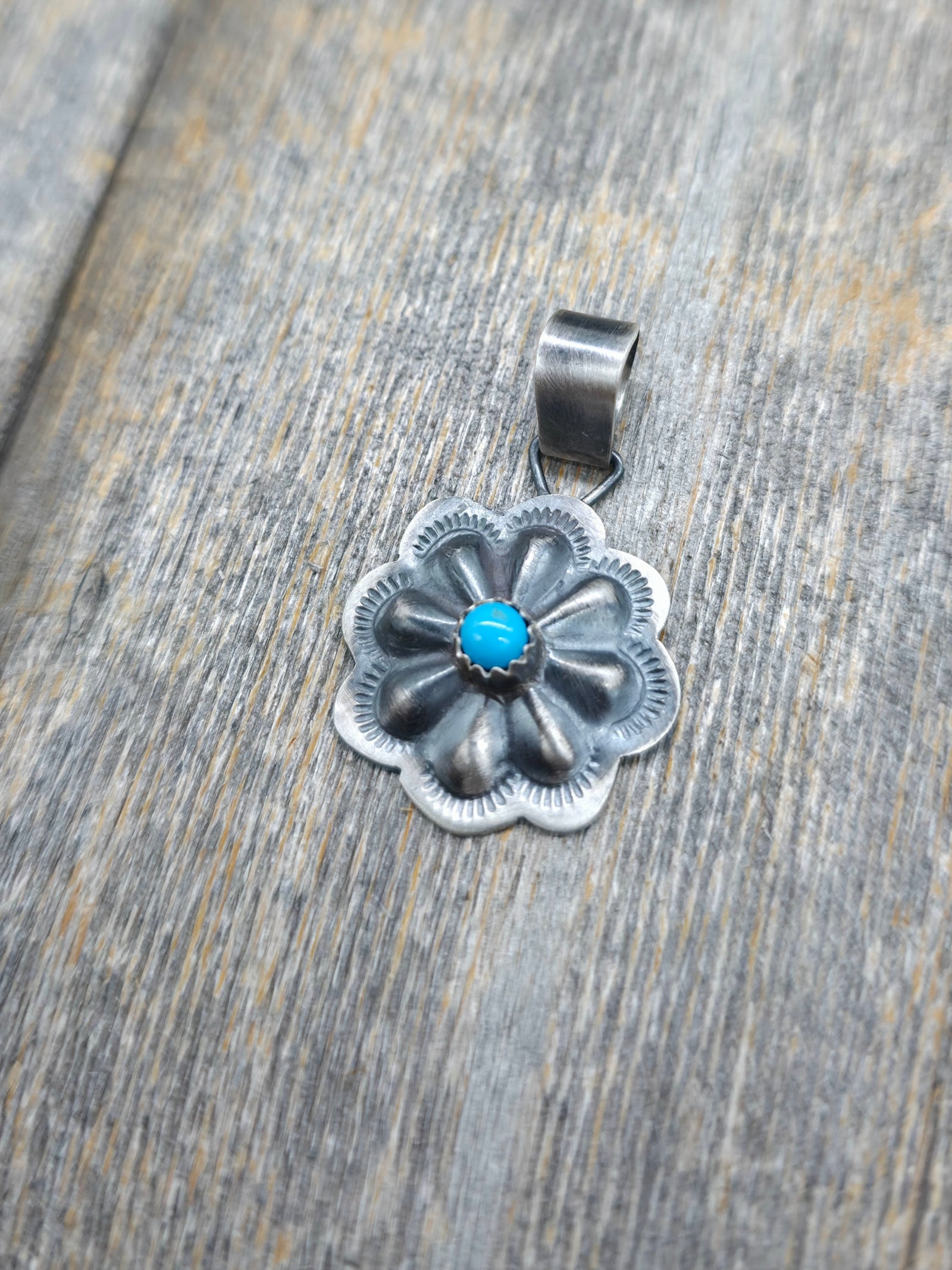Oxidized Stamped Sterling Silver Concha Pendant with Turquoise - 1 1/2 in. by 1 in.