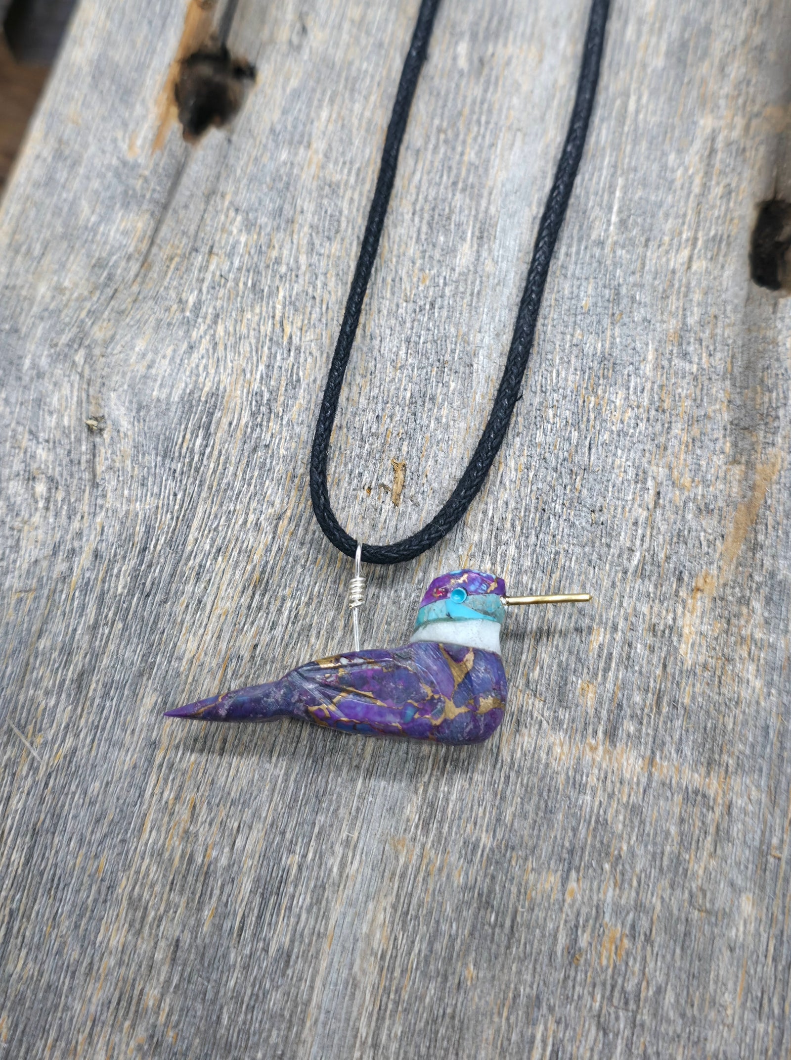 Purple Mojave Hummingbird Necklace on Adjustable Cord by Matt Mitchell - 24 in.