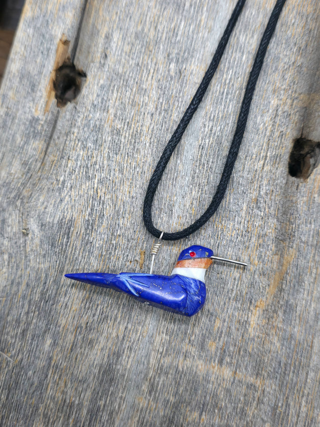 Blue Lapis Hummingbird Necklace on Adjustable Cord by Matt Mitchell - 24 in.