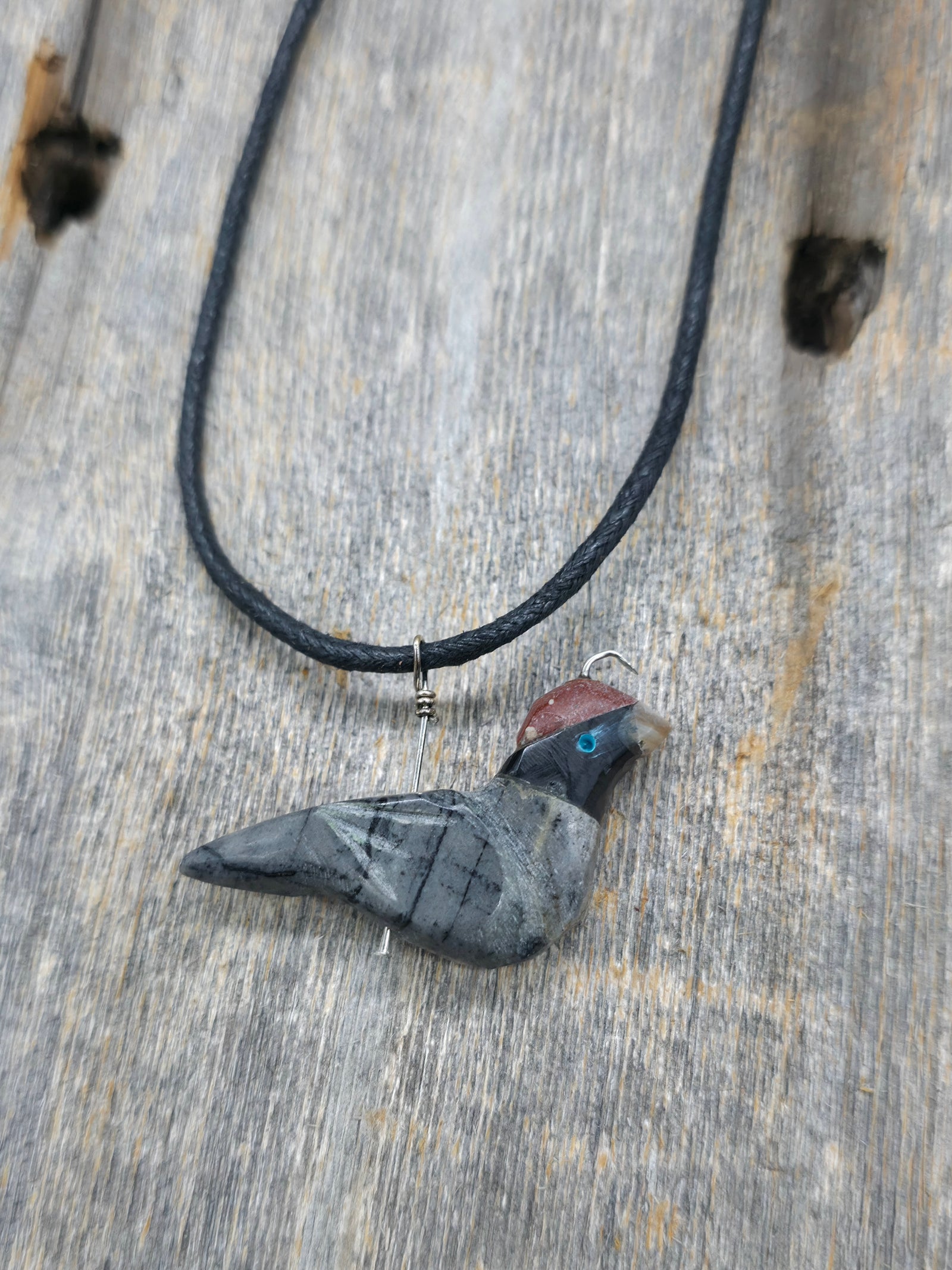 Picasso Marble, Jet and Pipestone Quail Necklace on Adjustable Cord by Matt Mitchell - 24 in.