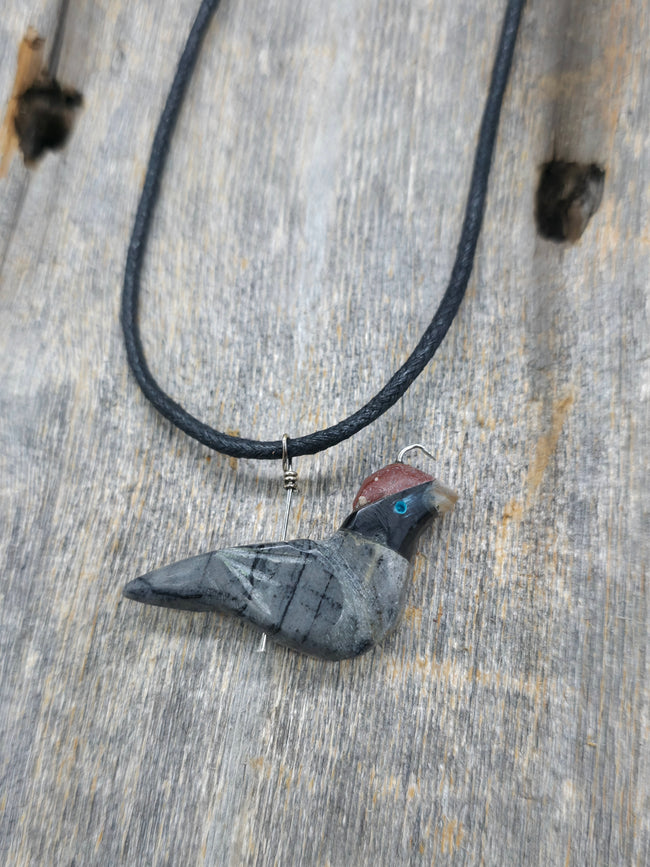 Picasso Marble, Jet and Pipestone Quail Necklace on Adjustable Cord by Matt Mitchell - 24 in.