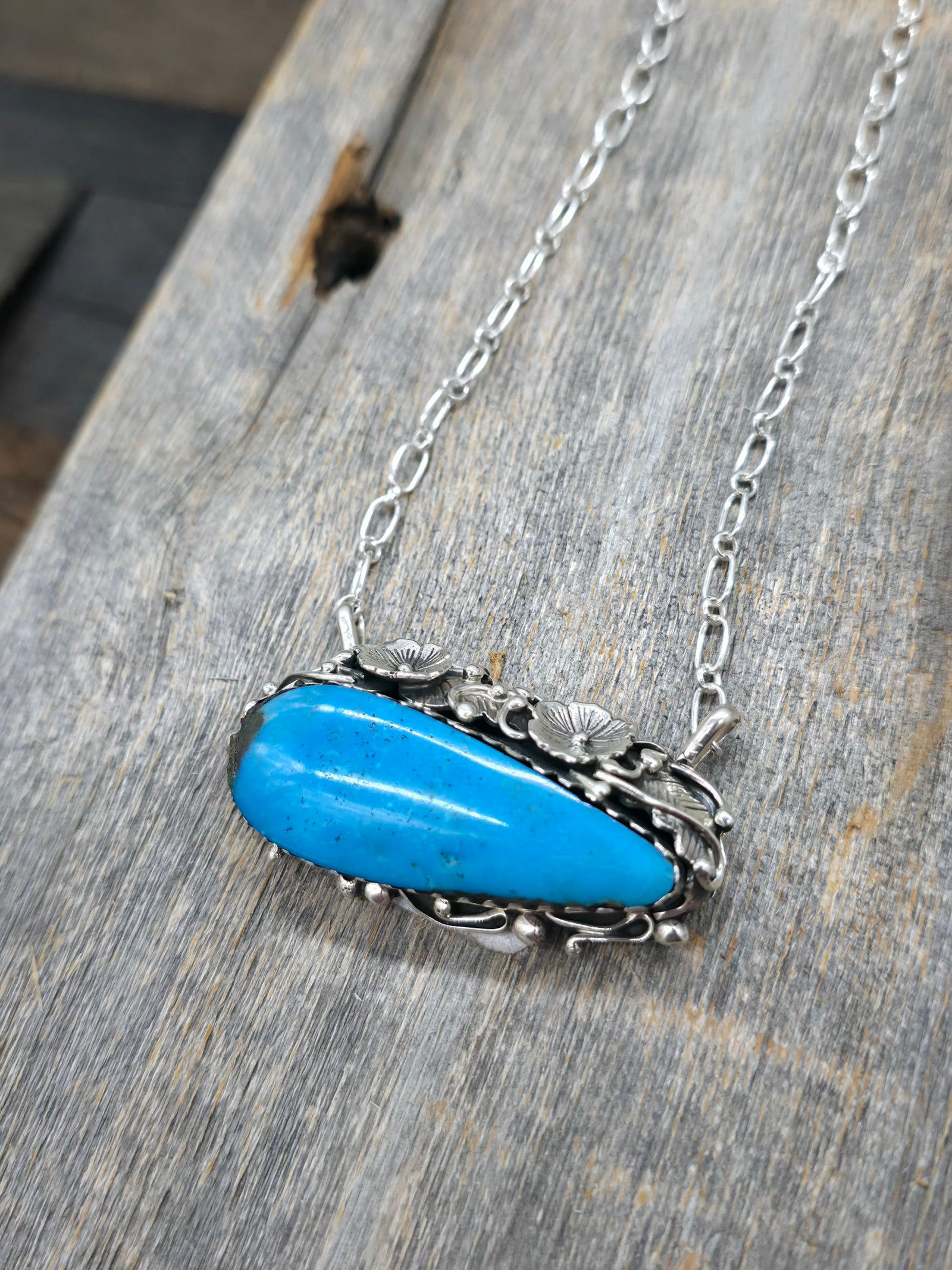 Sterling Silver Turquoise Bar Necklace with Botanical Applique by Evelyn Bahe - 20 in.