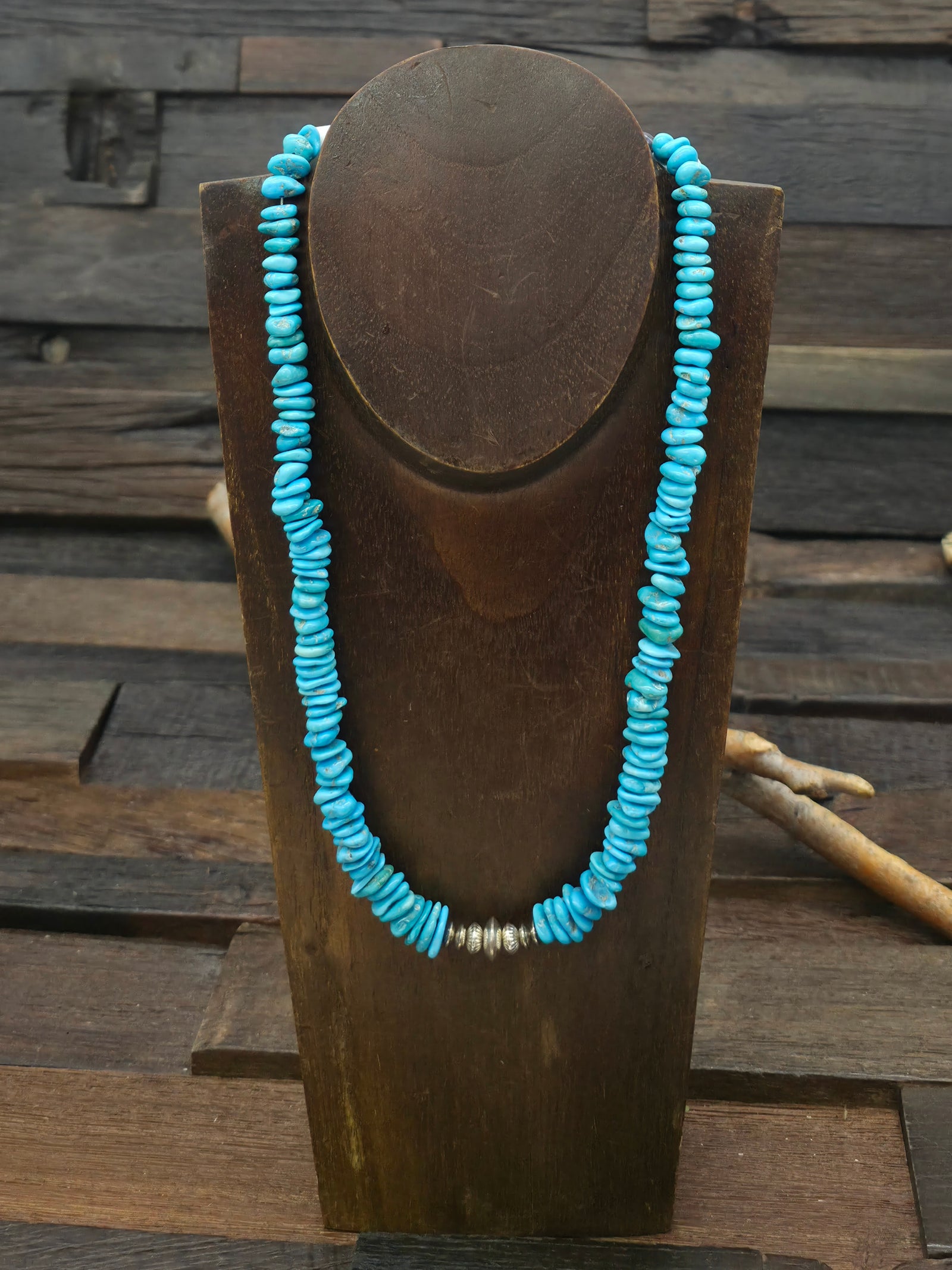 Turquoise and Sterling Silver Bead Necklace by Fred Archuleta - 20 in.