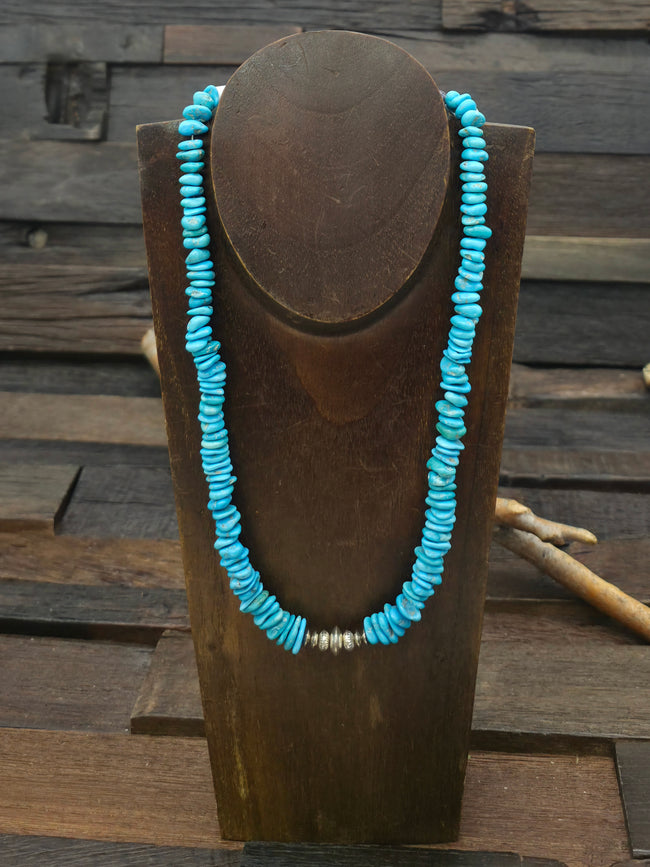 Turquoise and Sterling Silver Bead Necklace by Fred Archuleta - 20 in.