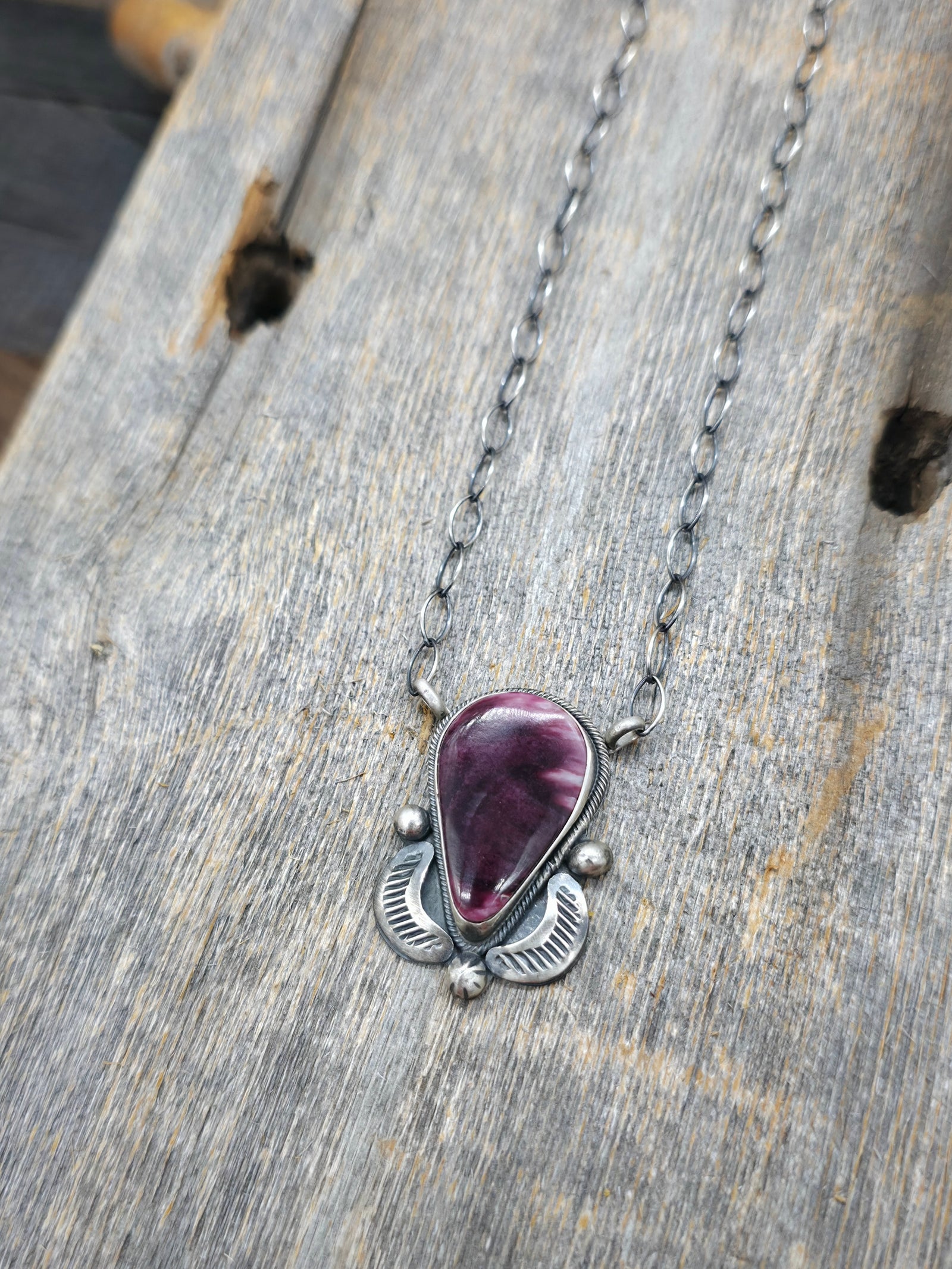 Stamped Sterling Silver Purple Spiny Teardrop Pendant Necklace by Danny Henio - 18 in.