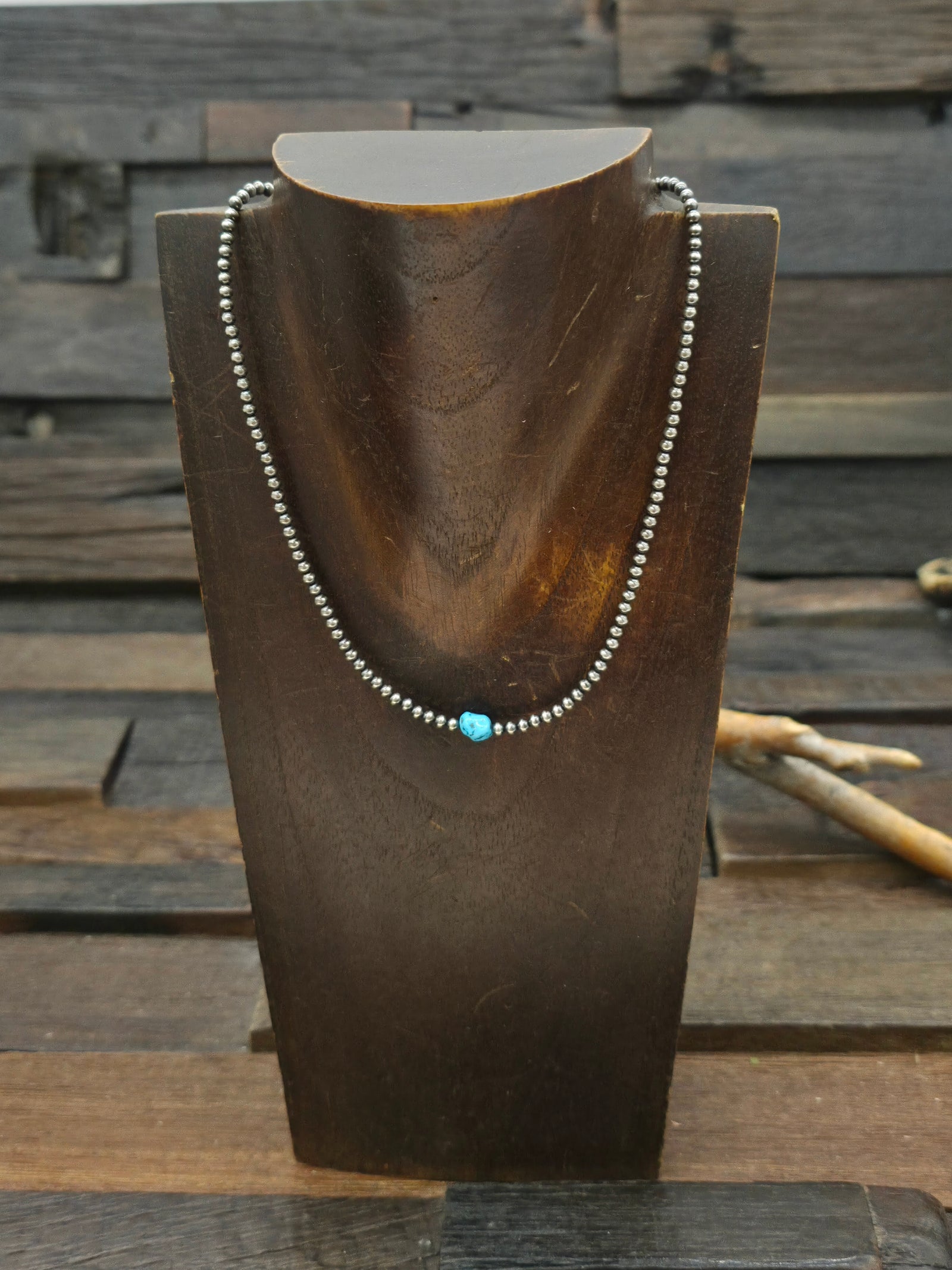 Oxidized Sterling Silver Bead Necklace with Turquoise by Mary Salazar - 16 in. plus 2 in. Extender