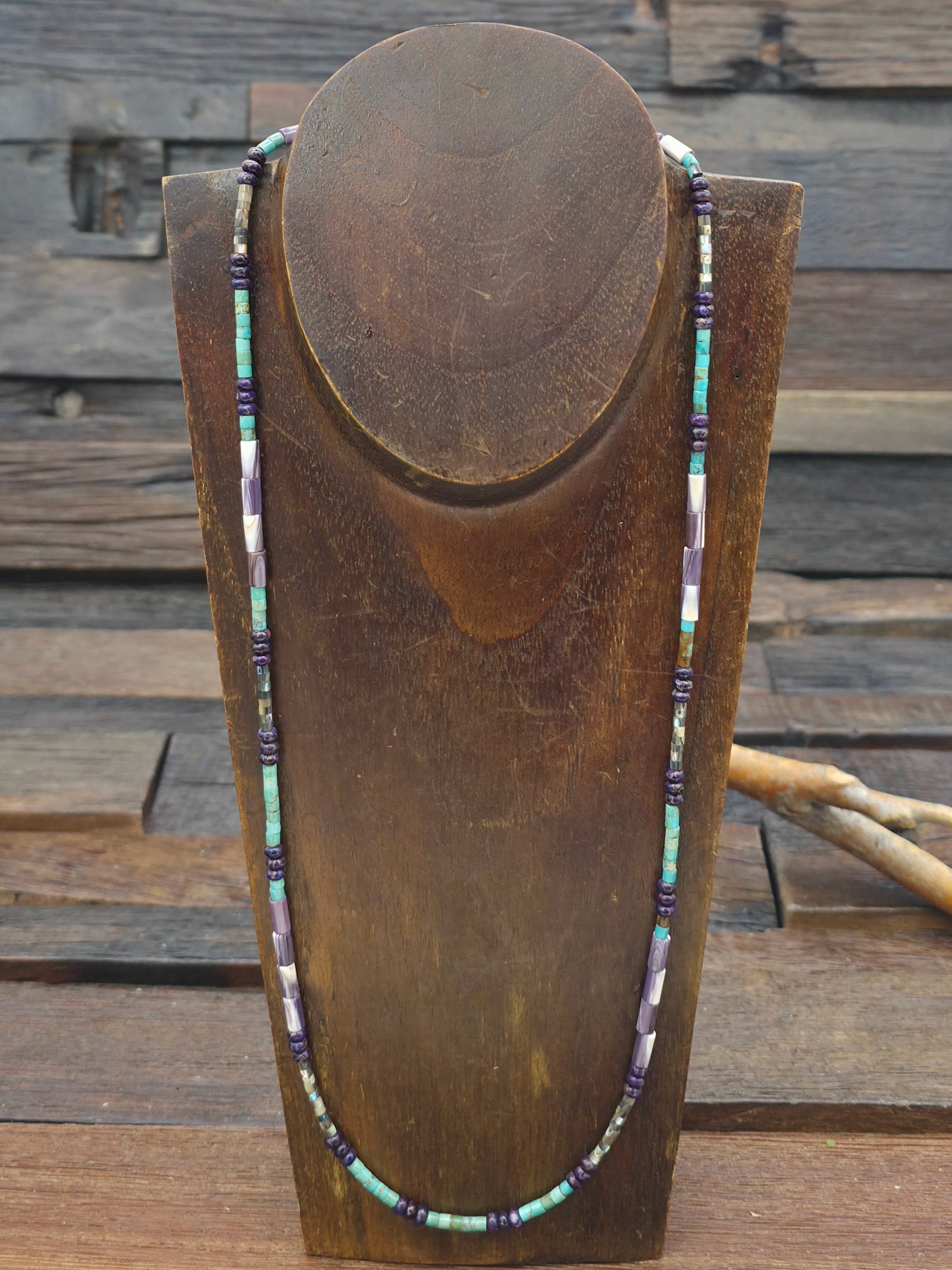 Green Turquoise, Wampum and Abalone, and Composite Mojave Bead Necklace by Fred Archuleta - 24 in.