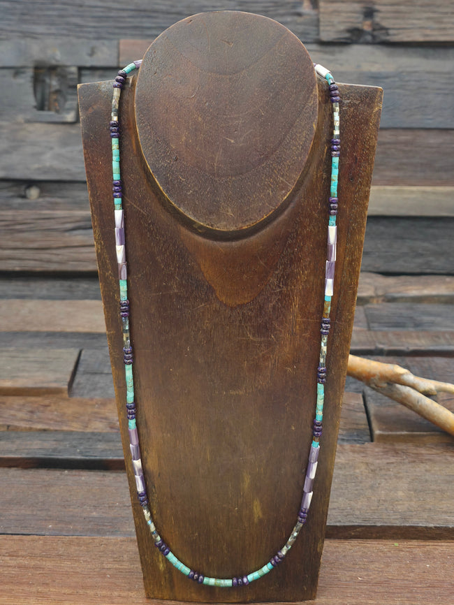 Green Turquoise, Wampum and Abalone, and Composite Mojave Bead Necklace by Fred Archuleta - 24 in.