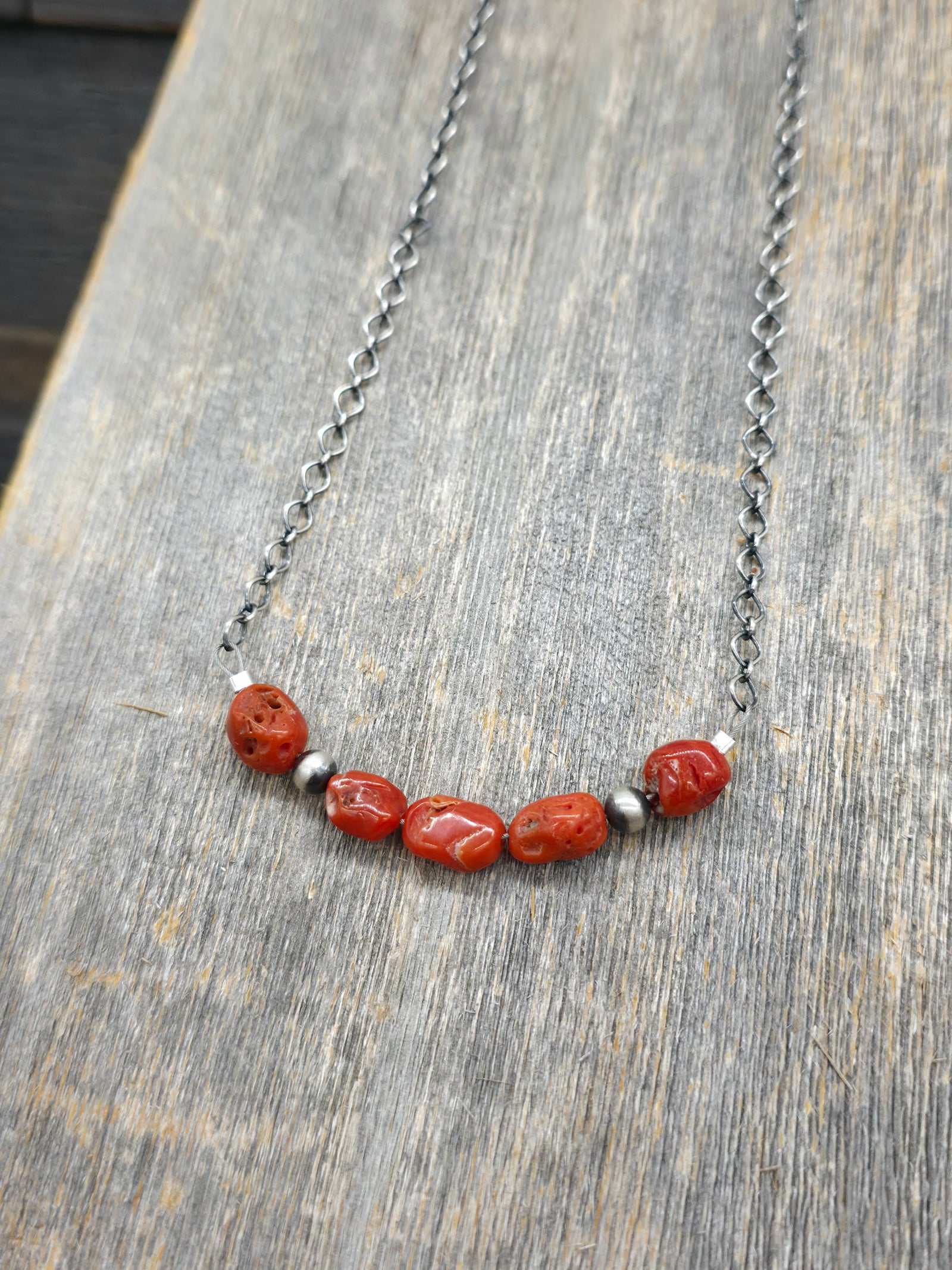 Coral Nugget and Sterling Silver Bead and Chain Necklace - 16 in.