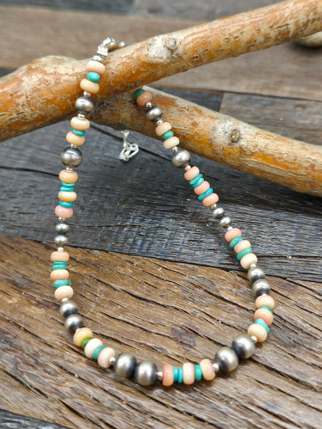 Sterling Silver, Turquoise, and Pink Conch Bead Anklet by Lucinda Sardo - 9 in. plus 2 in. Extender