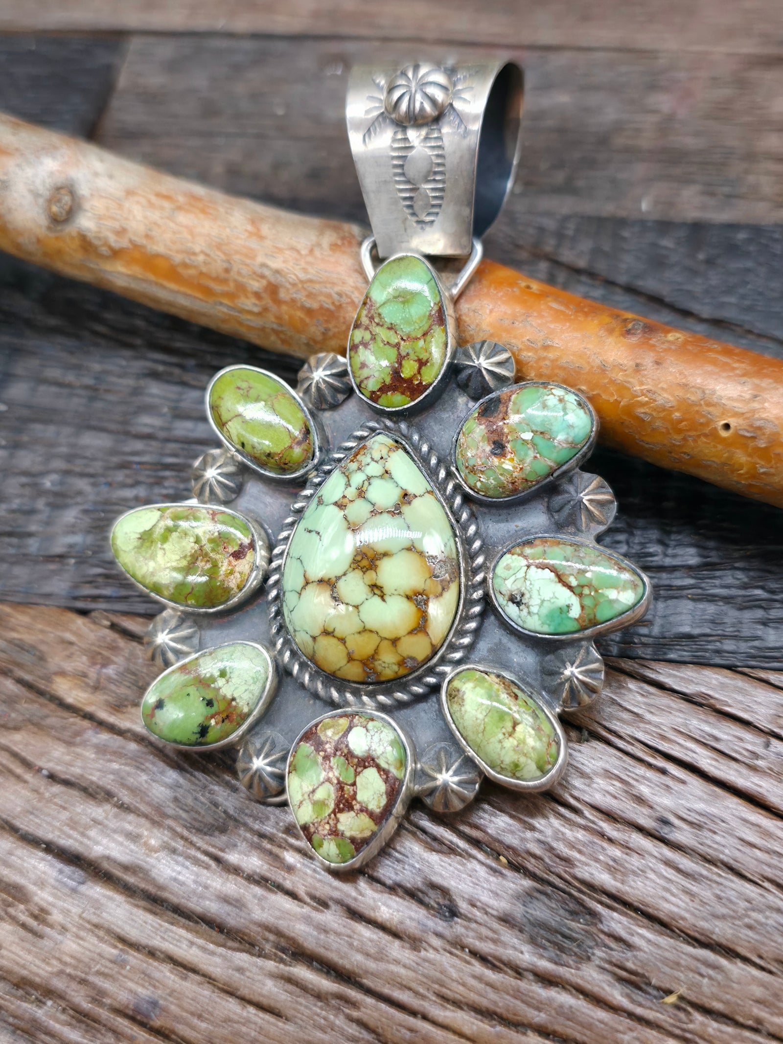 Sterling Silver Green Egyptian Turquoise Cluster Pendant by Rosella Paxson - 3 1/2 in. by 2 1/4 in.