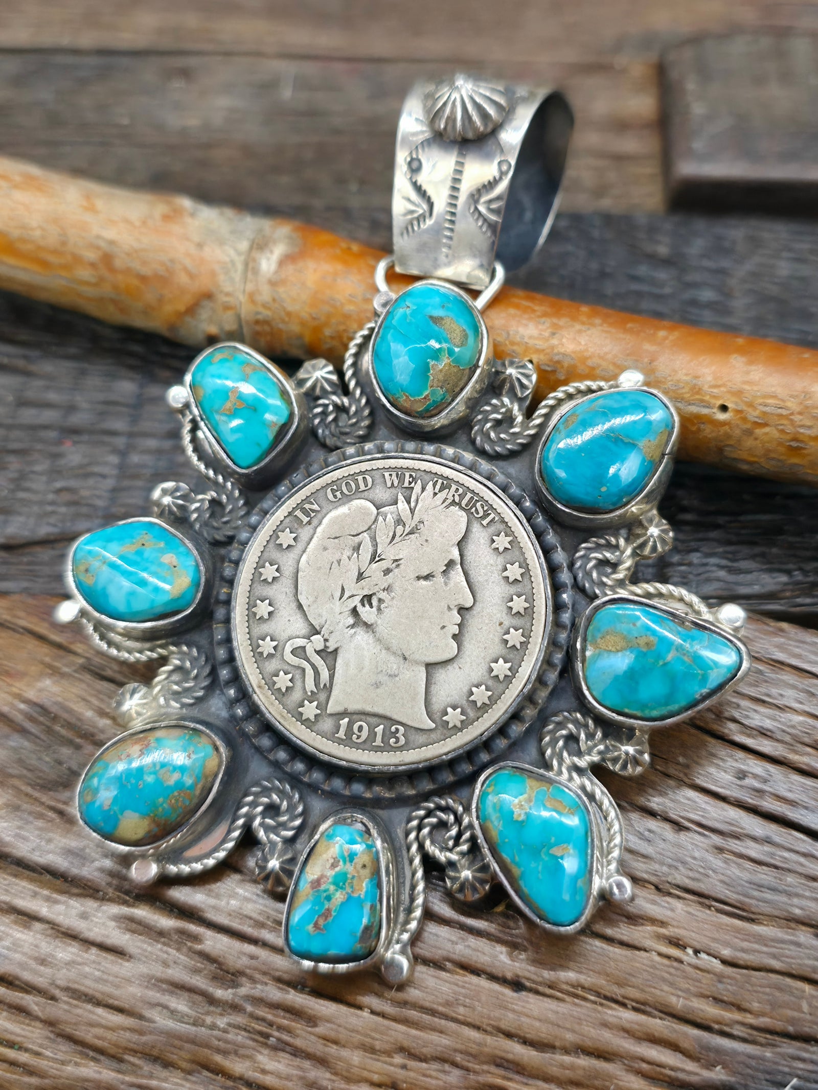 Sterling Silver Royston Turquoise Barber Half Dollar Pendant by Rosella Paxson - 4 in. by 2 3/4 in.