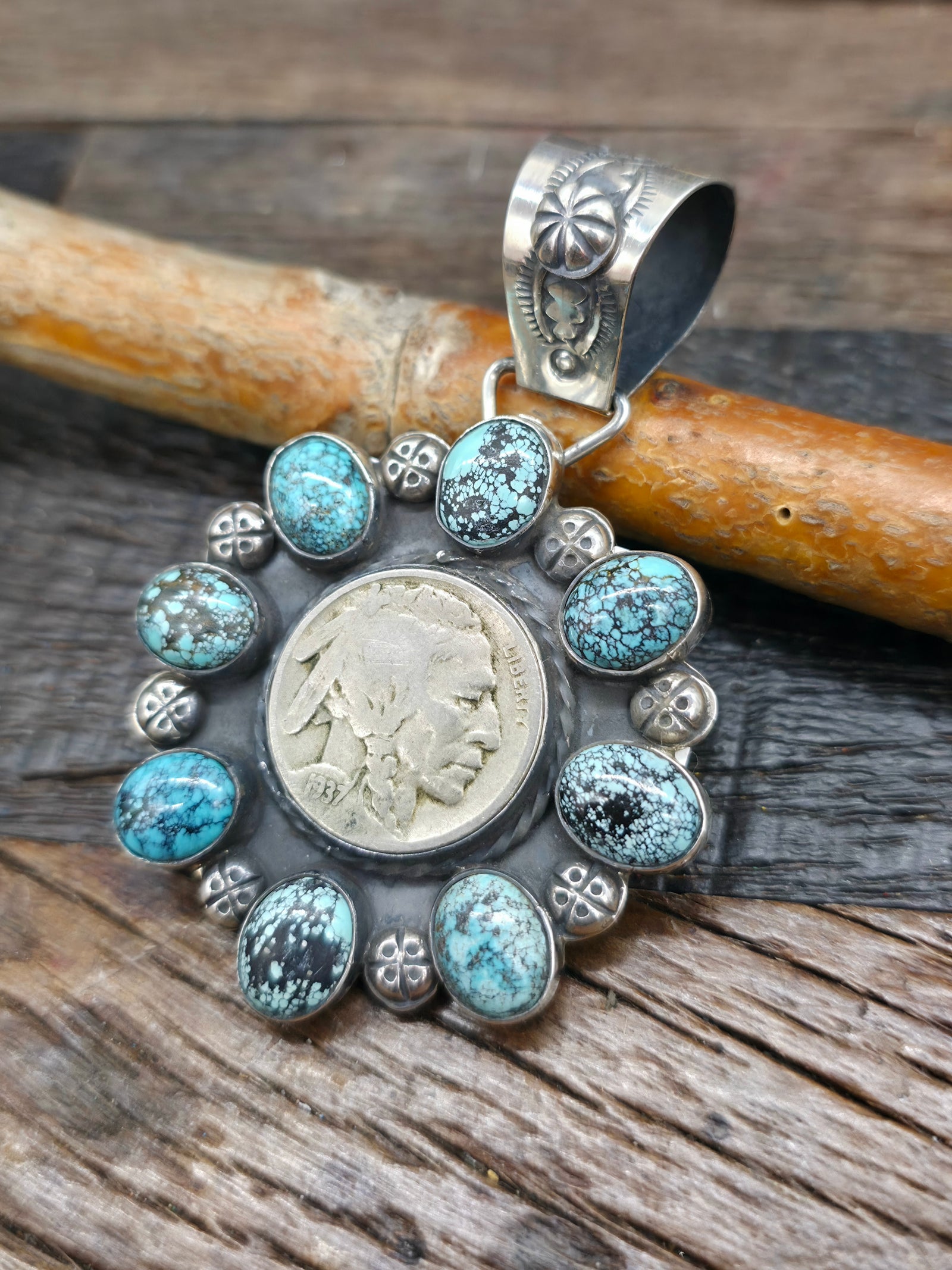 Sterling Silver Turquoise Chief Nickle Pendant by Rosella Paxson - 2 3/4 in. by 1 1/4 in.