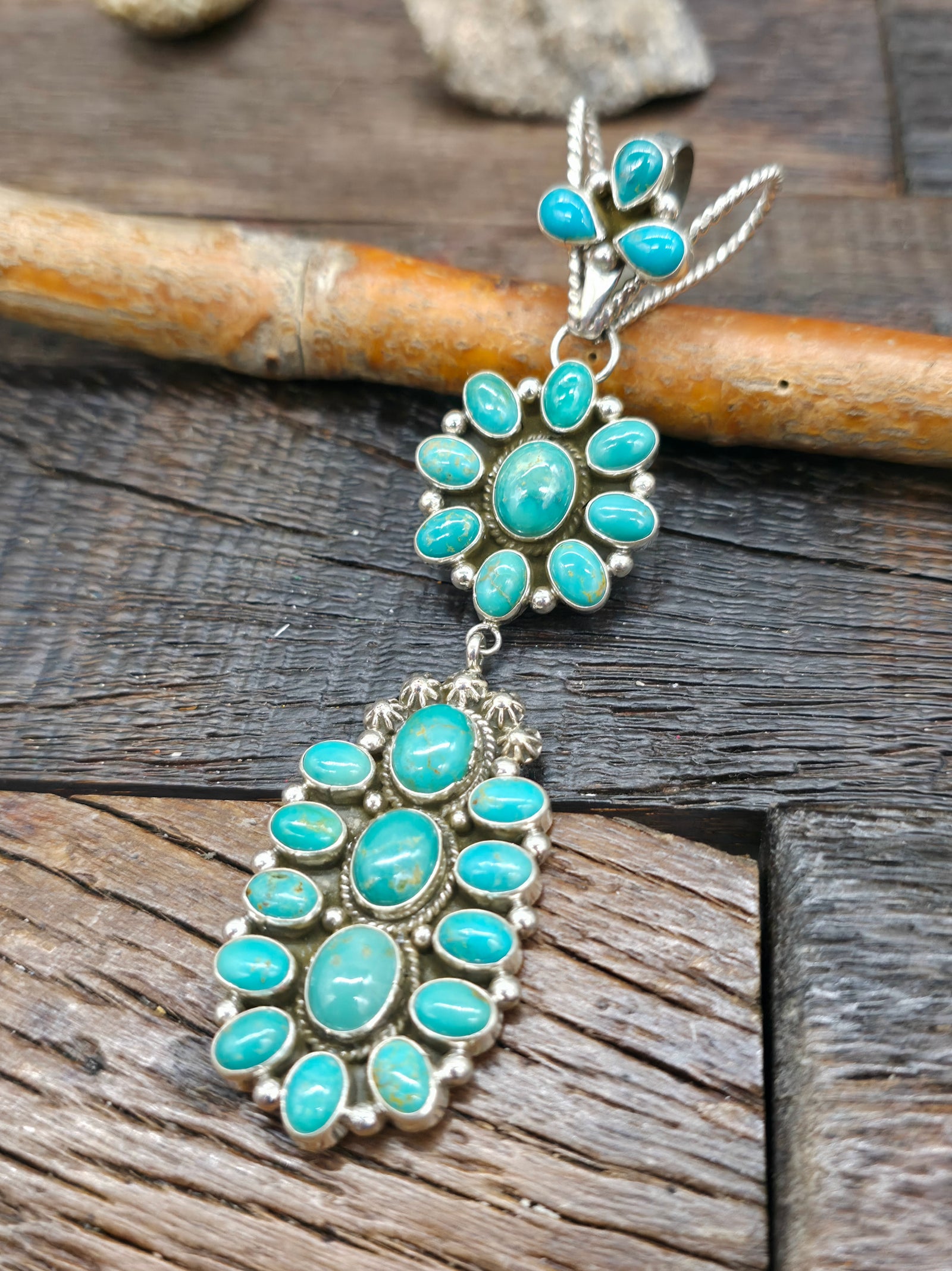Three Tier Sterling Silver Turquoise Cluster Pendant by Lucinda Linkin - 4 1/4 in. by 1 in.