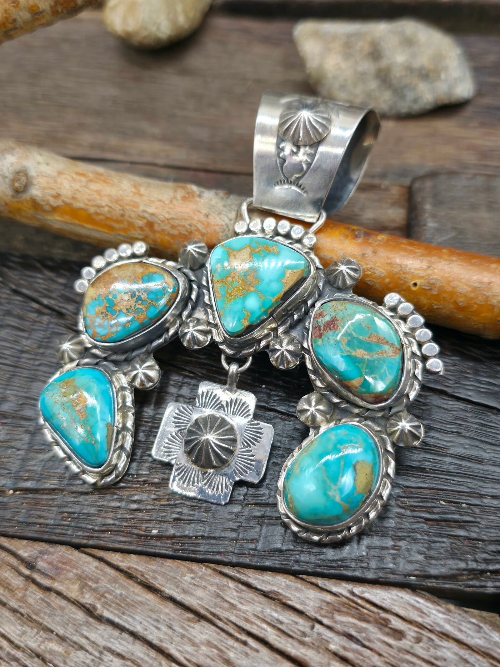 Stamped Sterling Silver Royston Turquoise Naja Pendant by Rosella Paxson - 3 in. by 2 3/4 in.
