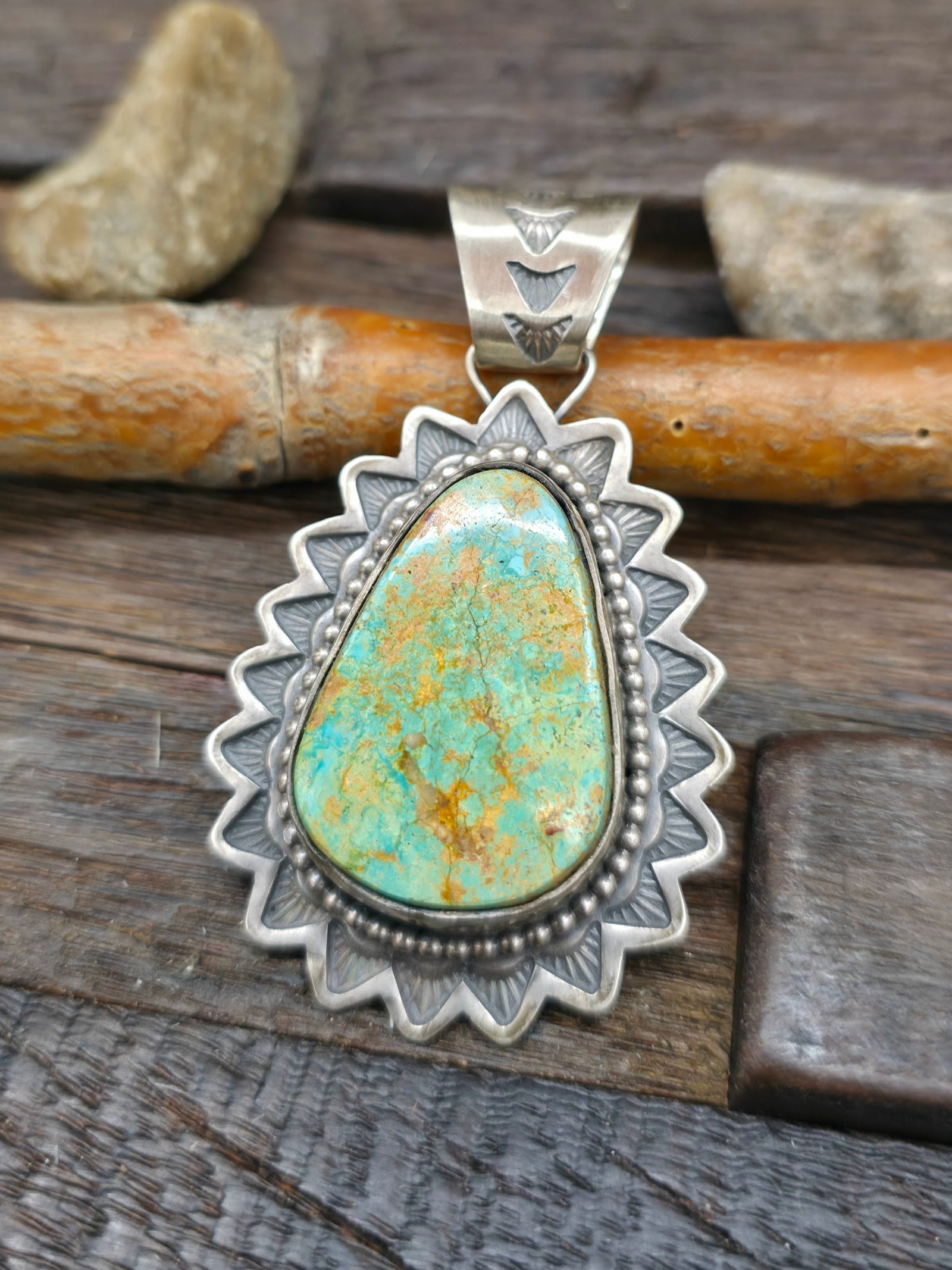 Stamped Sterling Silver Royston Turquoise Pendant by Jeff Lucio - 2 3/4 in. by 1 1/2 in.