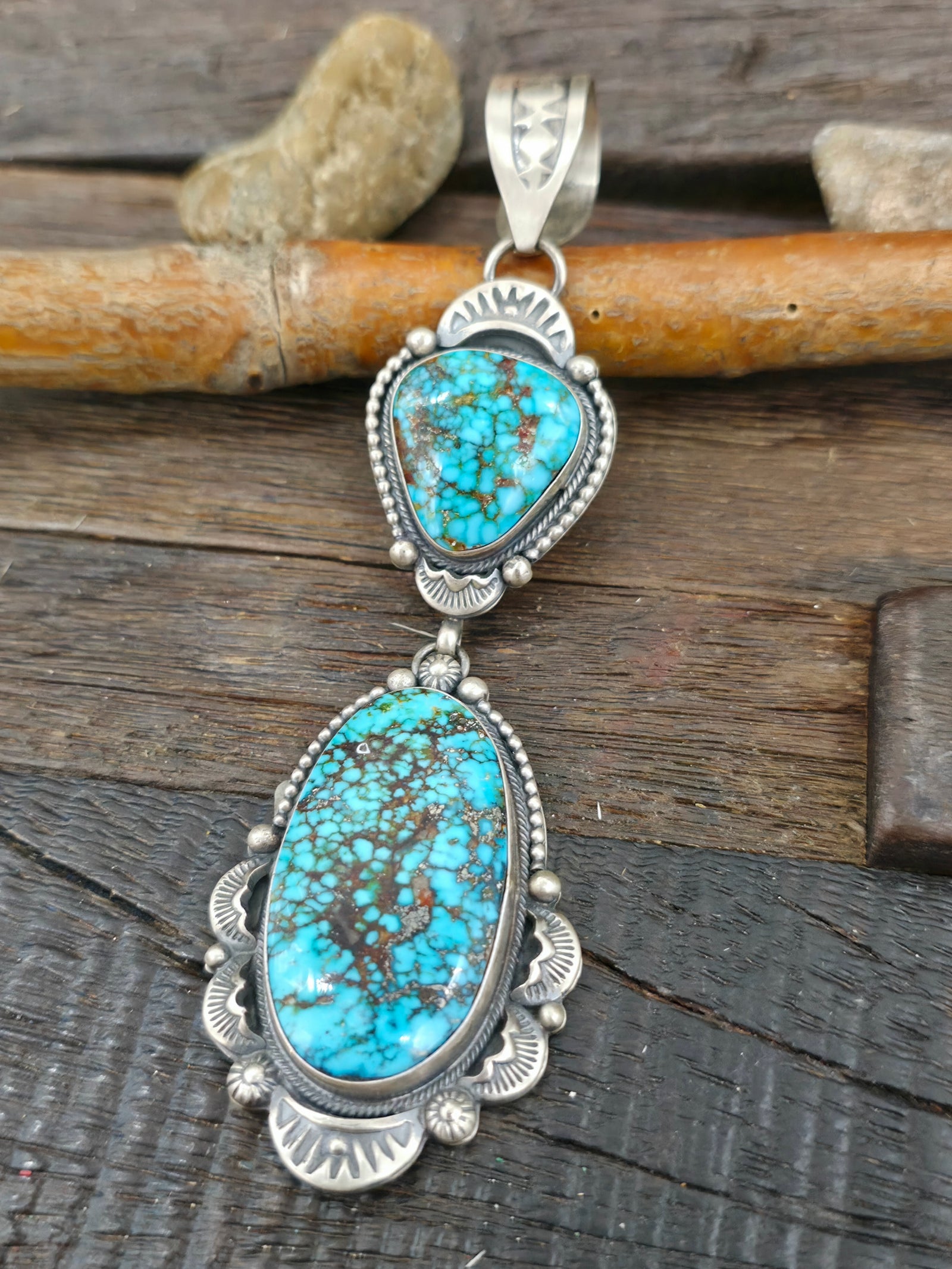 Two Stone Stamped Sterling Silver Ceremonial Kingman Turquoise Pendant by Jackson Hoskie - 4 1/2 in. by 1 1/4 in.