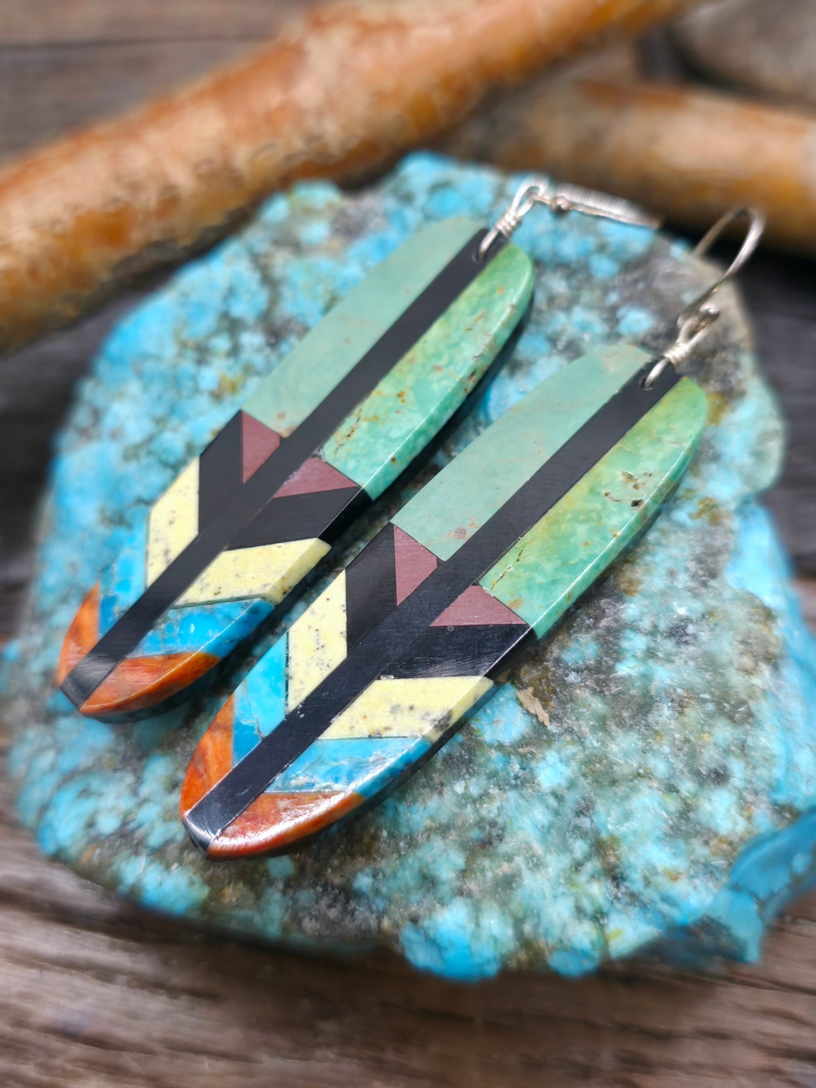 Mosaic Inlay Feather Earrings by Rudy Coriz. - Turquoise - 2 3/4 in. by 5/8 in.