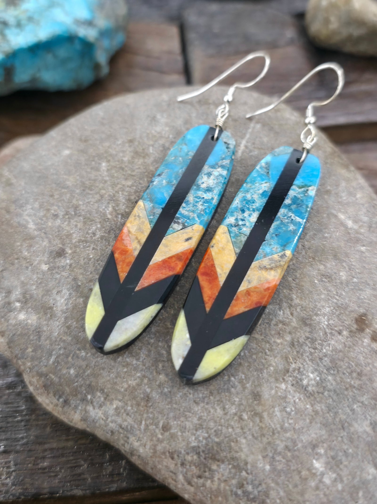 Mosaic Inlay Feather Earrings by Rudy Coriz. - Turquoise - 2 3/4 in. by 5/8 in.