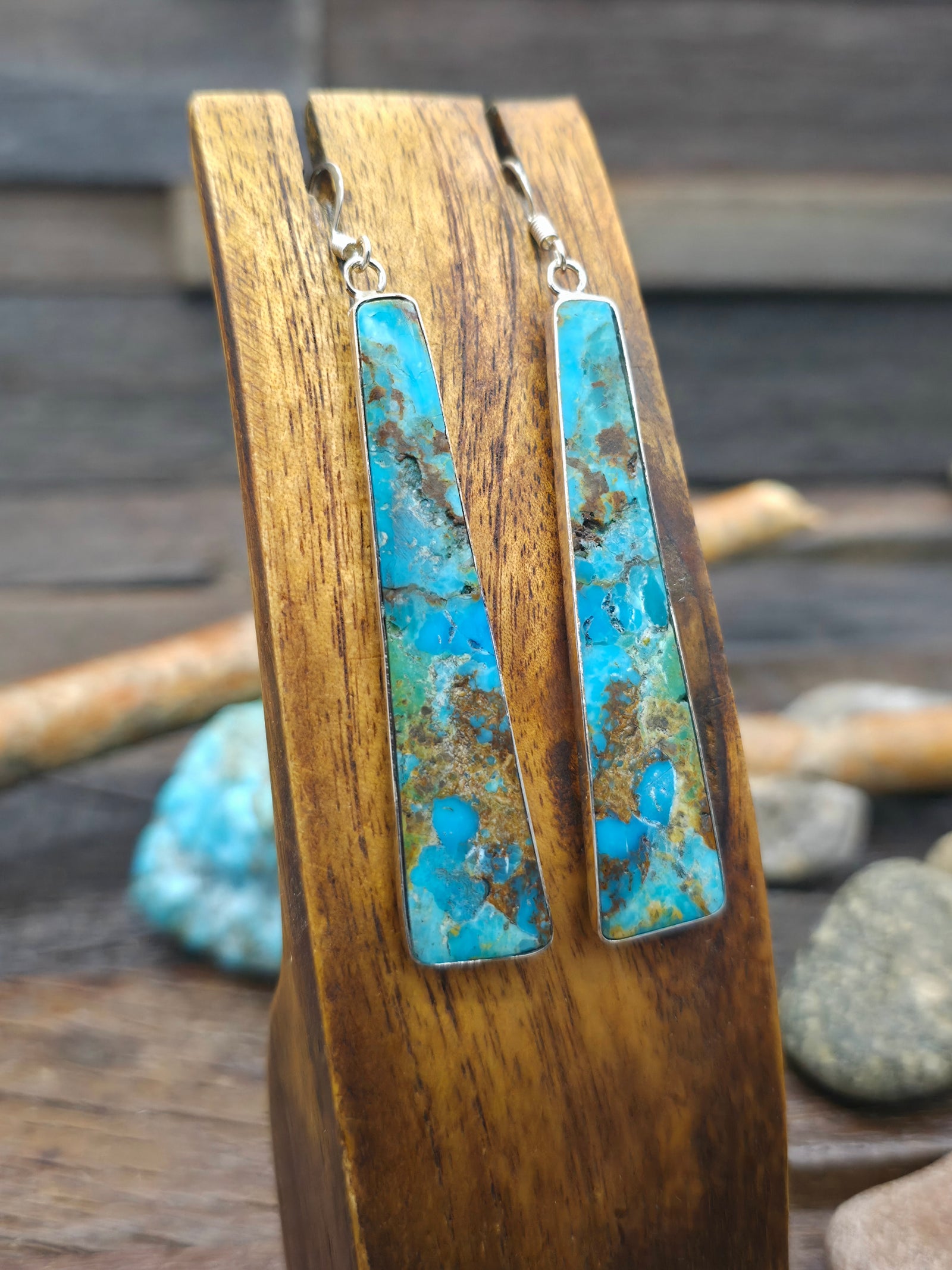Long Turquoise Slab Earrings with Sterling Silver by Veronica Tortalita - 3 in. by 1/2 in.