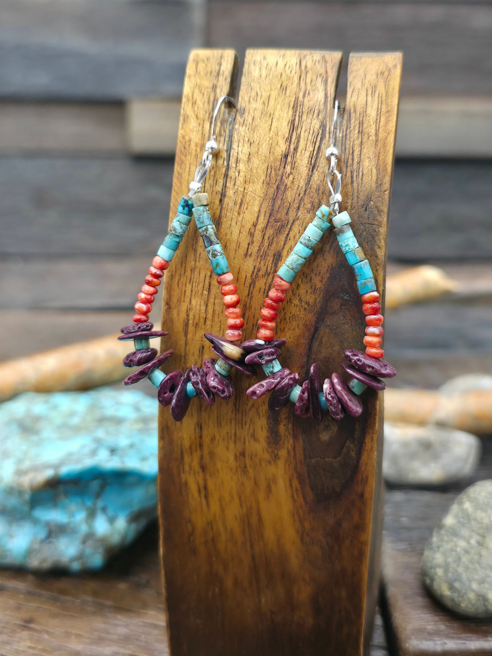 Turquoise and Orange and Purple Spiny Hanging Loop Bead Earrings by Fred Archuleta - 2 1/4 in. by 1 in.