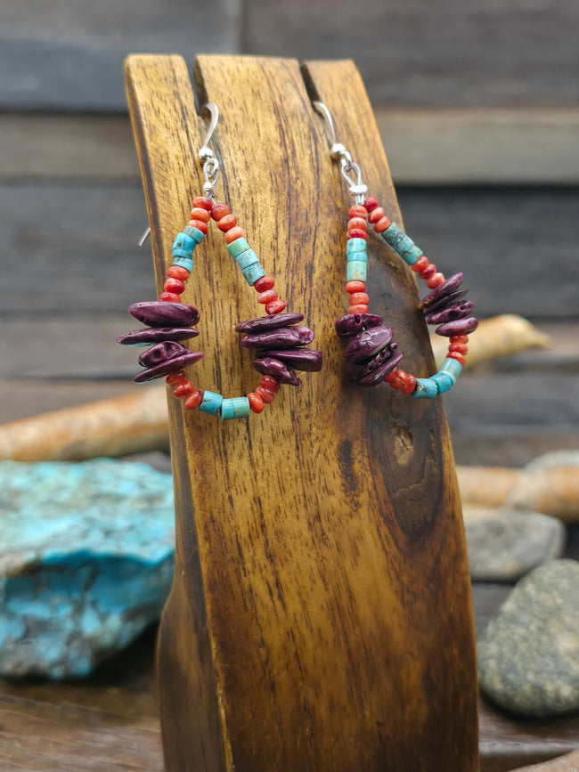 Turquoise and Orange and Purple Spiny Hanging Loop Bead Earrings by Fred Archuleta - 2 1/4 in. by 1 in.