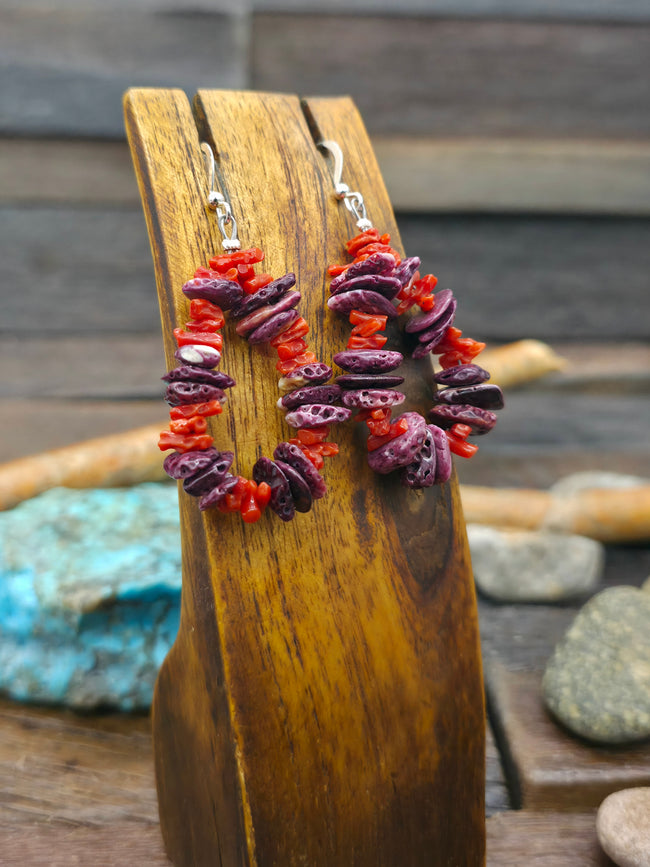 Coral and Purple Spiny Hanging Loop Bead Earrings by Fred Archuleta - 2 1/4 in. by 1 in.