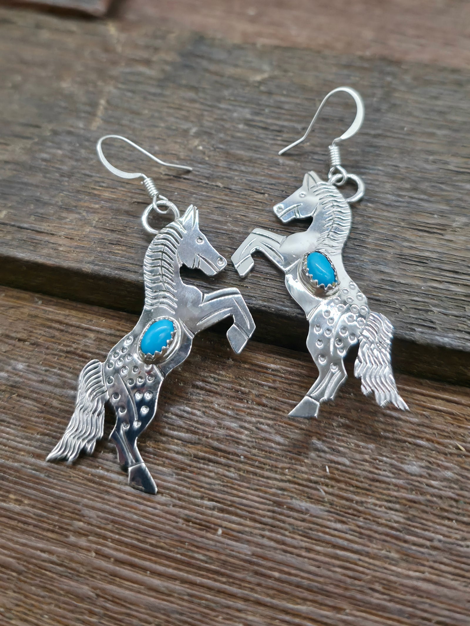 Stamped Sterling Silver Horse Earrings with Turquoise by Louise Yazzie - 2 1/4 in. by 1 in.