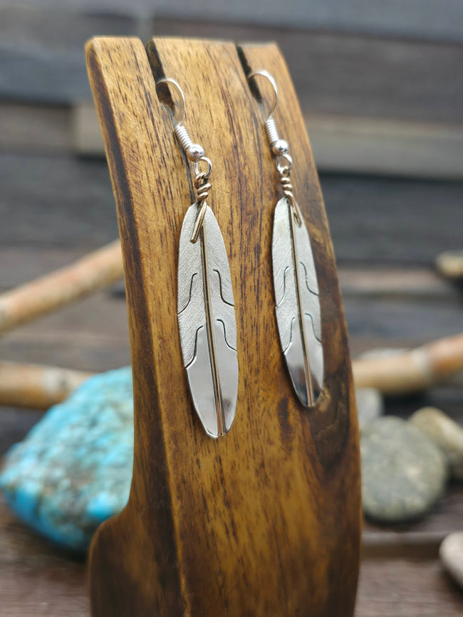 Sterling Silver and Brass Feather Dangle Earrings - 2 1/2 in. by 1/2 in.