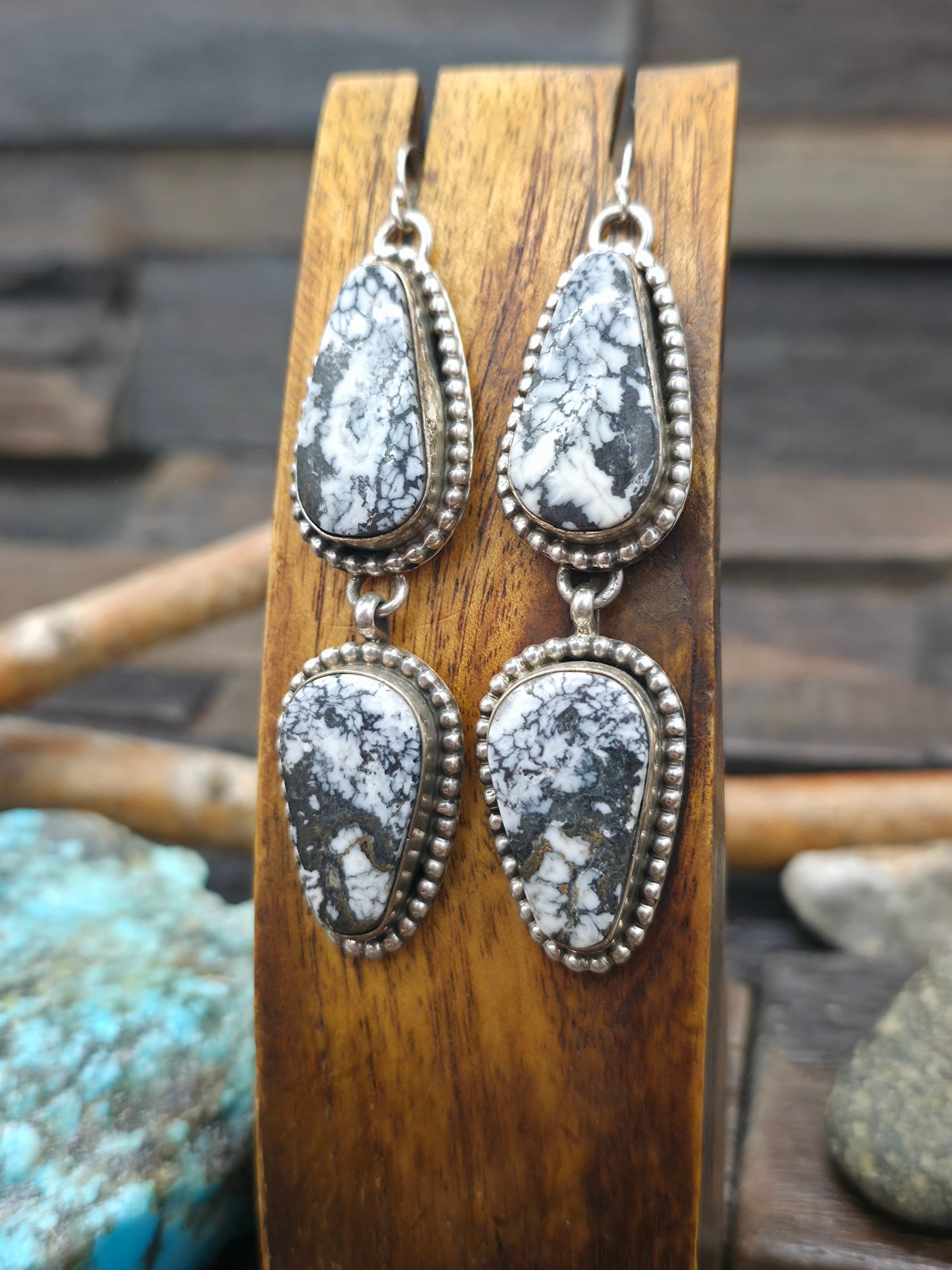 Two Stone Sterling Silver White Buffalo Hook Dangle Earrings by Rosella Paxton - 3 1/4 in by 5/8 in.