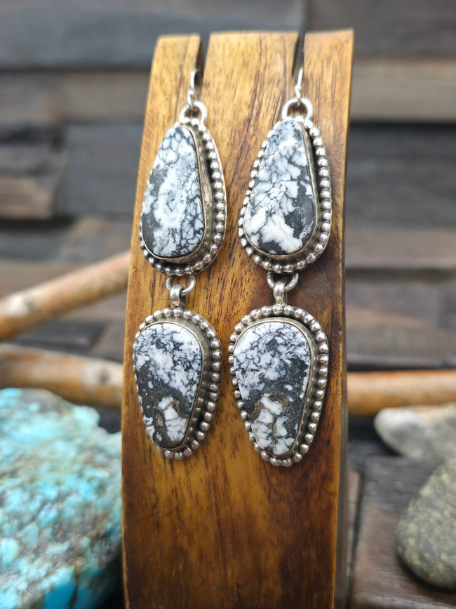 Two Stone Sterling Silver White Buffalo Hook Dangle Earrings by Rosella Paxton - 3 1/4 in by 5/8 in.