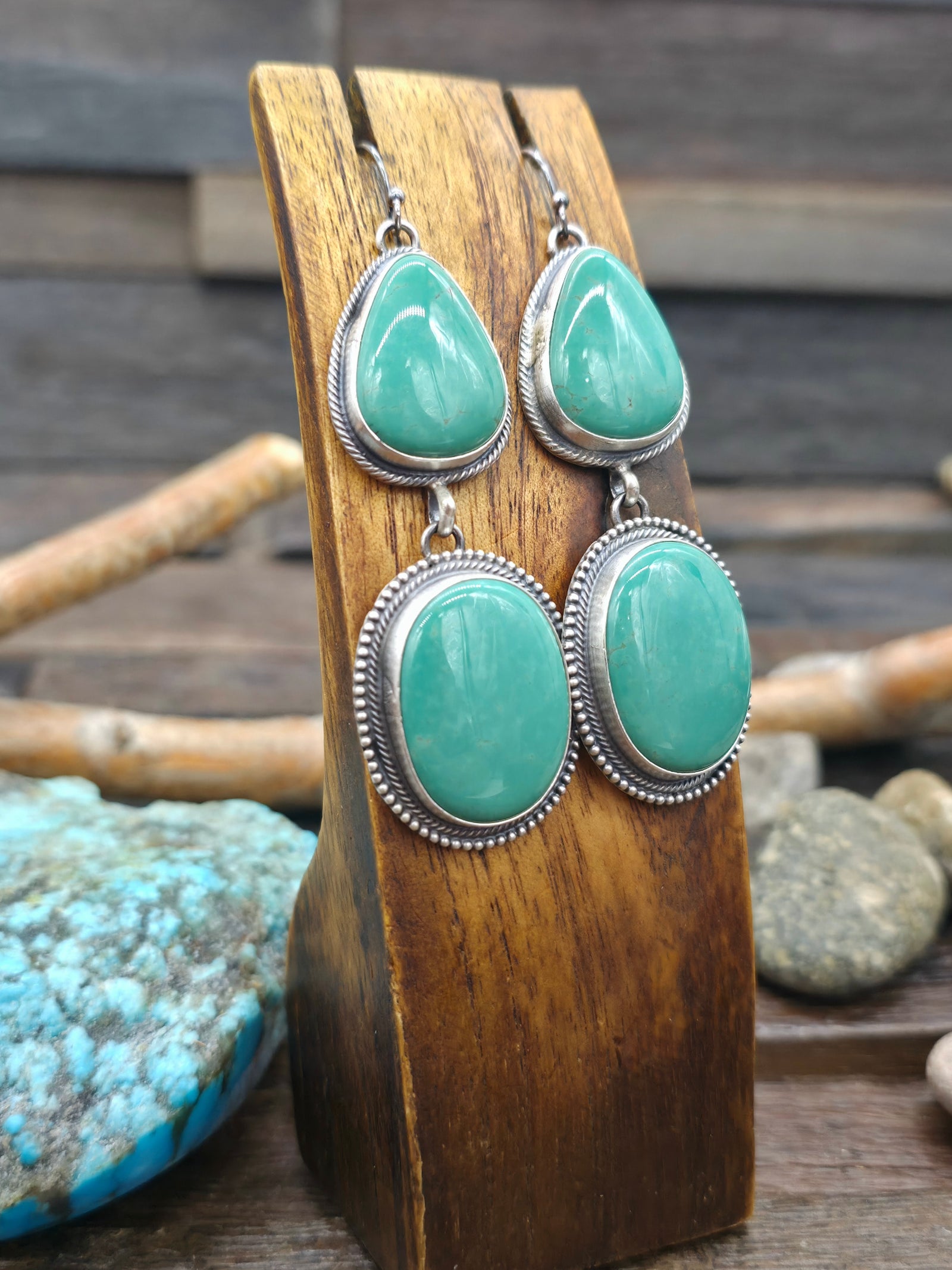 Two Stone Green Armenian Turquoise Sterling Silver Earrings by Darrin Livingston - 3 1/4 in. by 1 in.
