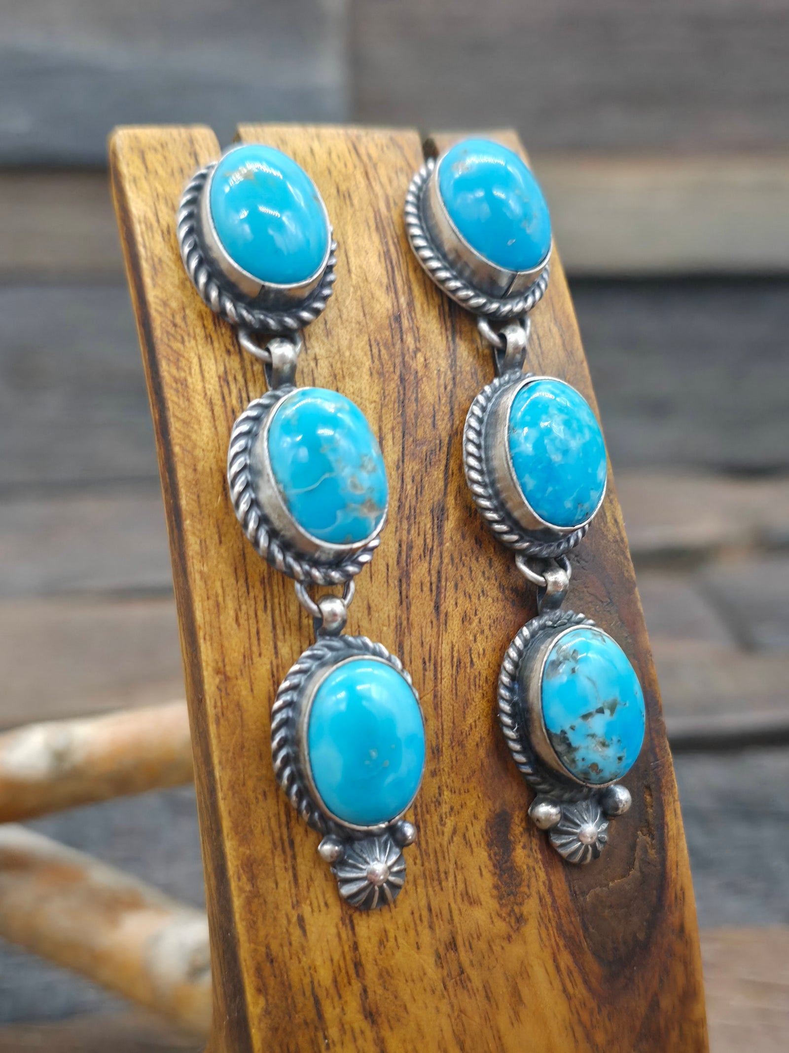 Sterling Silver Turquoise Three Stone Post Dangle Earrings by Myron Begay - 2 3/4 in. by 1/2 in.