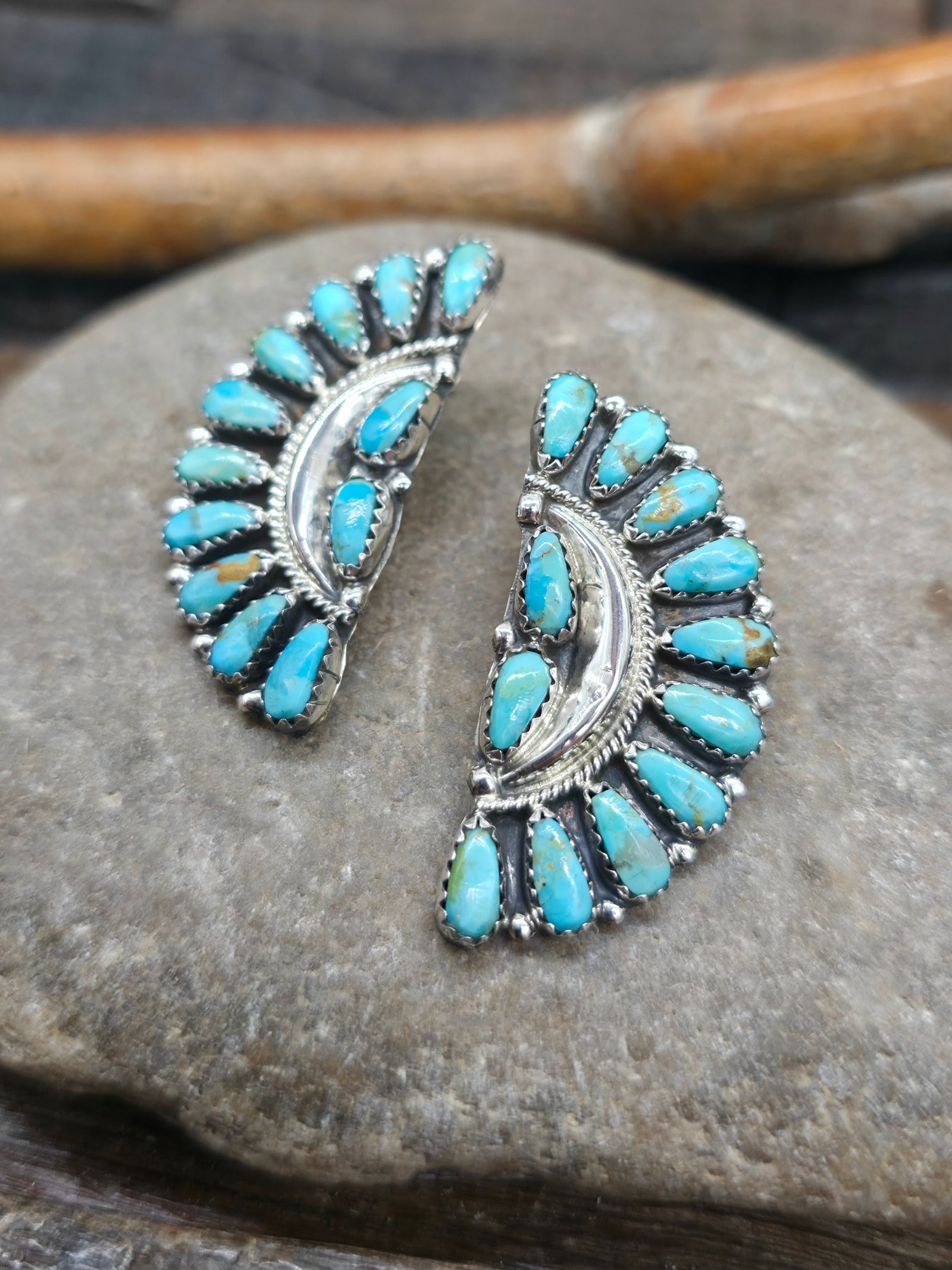 Sterling Silver Turquoise Half Cluster Earrings by Zelia Begay - 1 1/2 in. by 3/4 in.