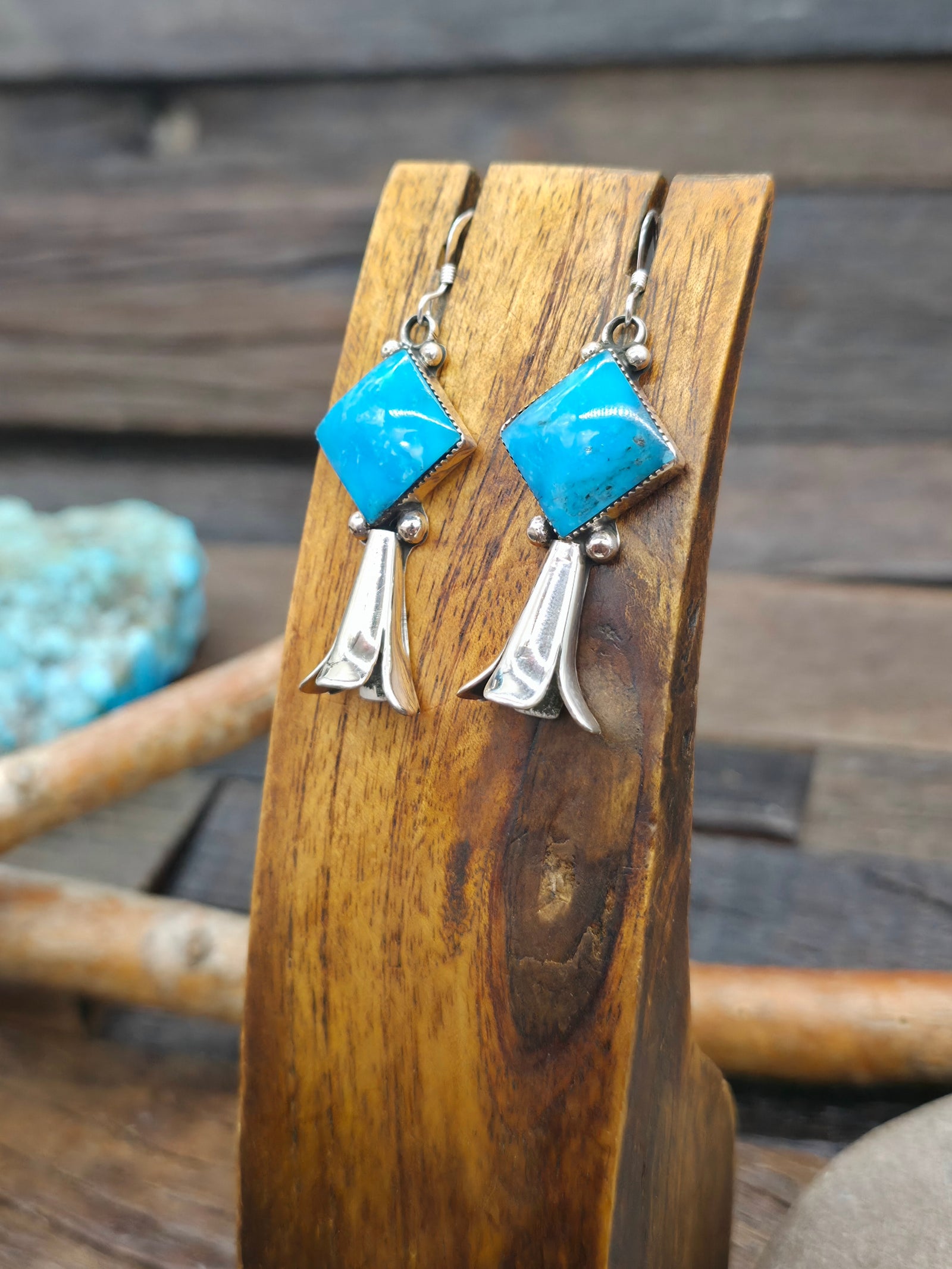 Sterling Silver Turquoise Squash Blossom Earrings by Suzanna Johnson - 2 in. by 3/4 in.