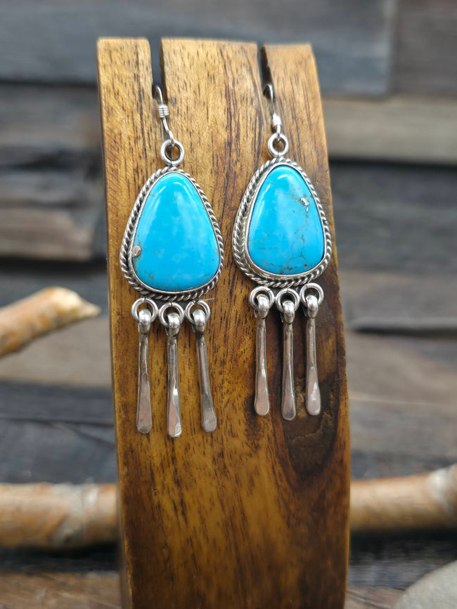 Sterling Silver Turquoise Dangle Earrings by Chester Charley - 2 1/2 in. by 3/4 in.