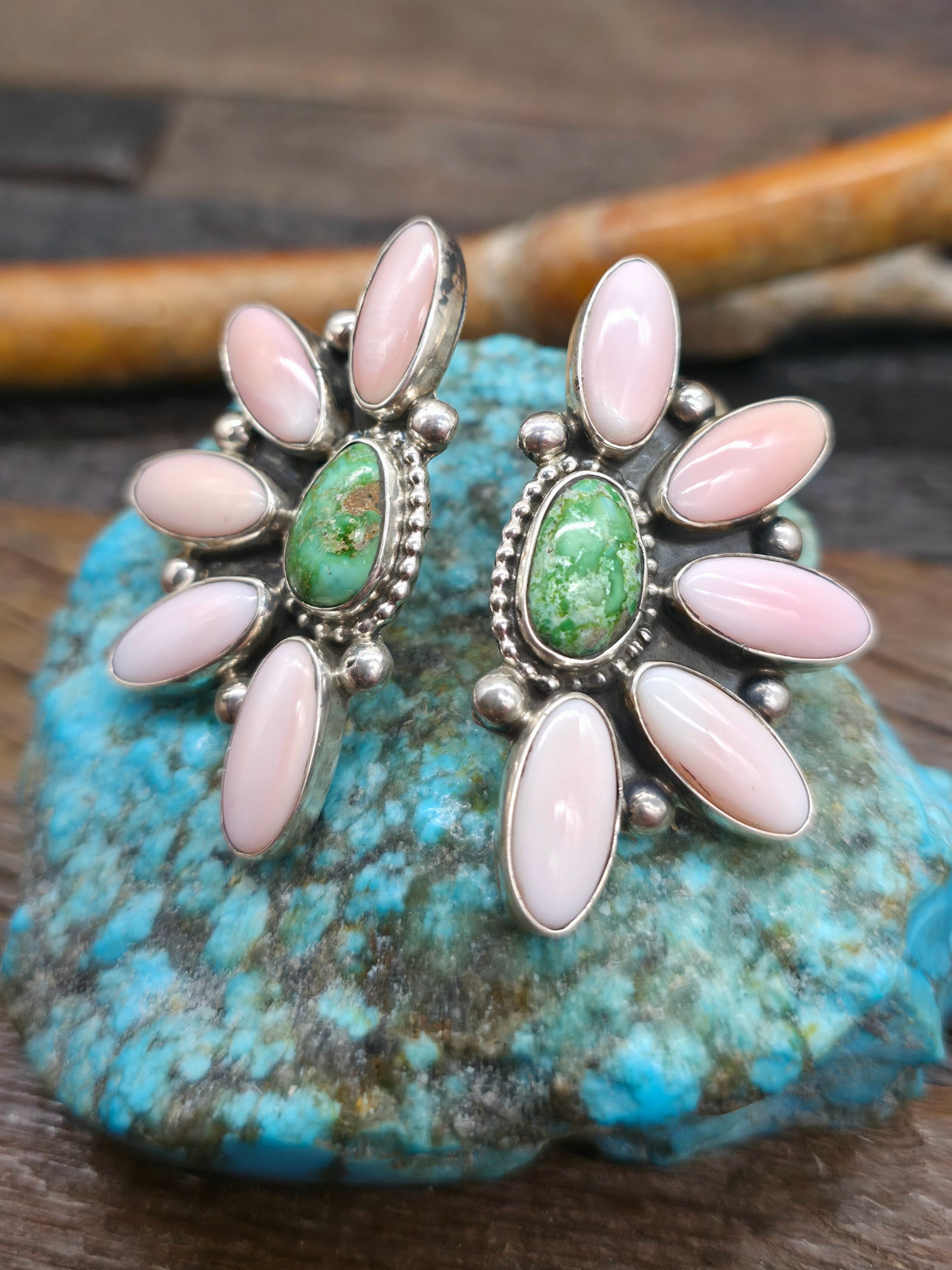 Sterling Silver Turquoise and Pink Conch Half Cluster Earrings by Reva Goodluck - 2 in. by 1 in.