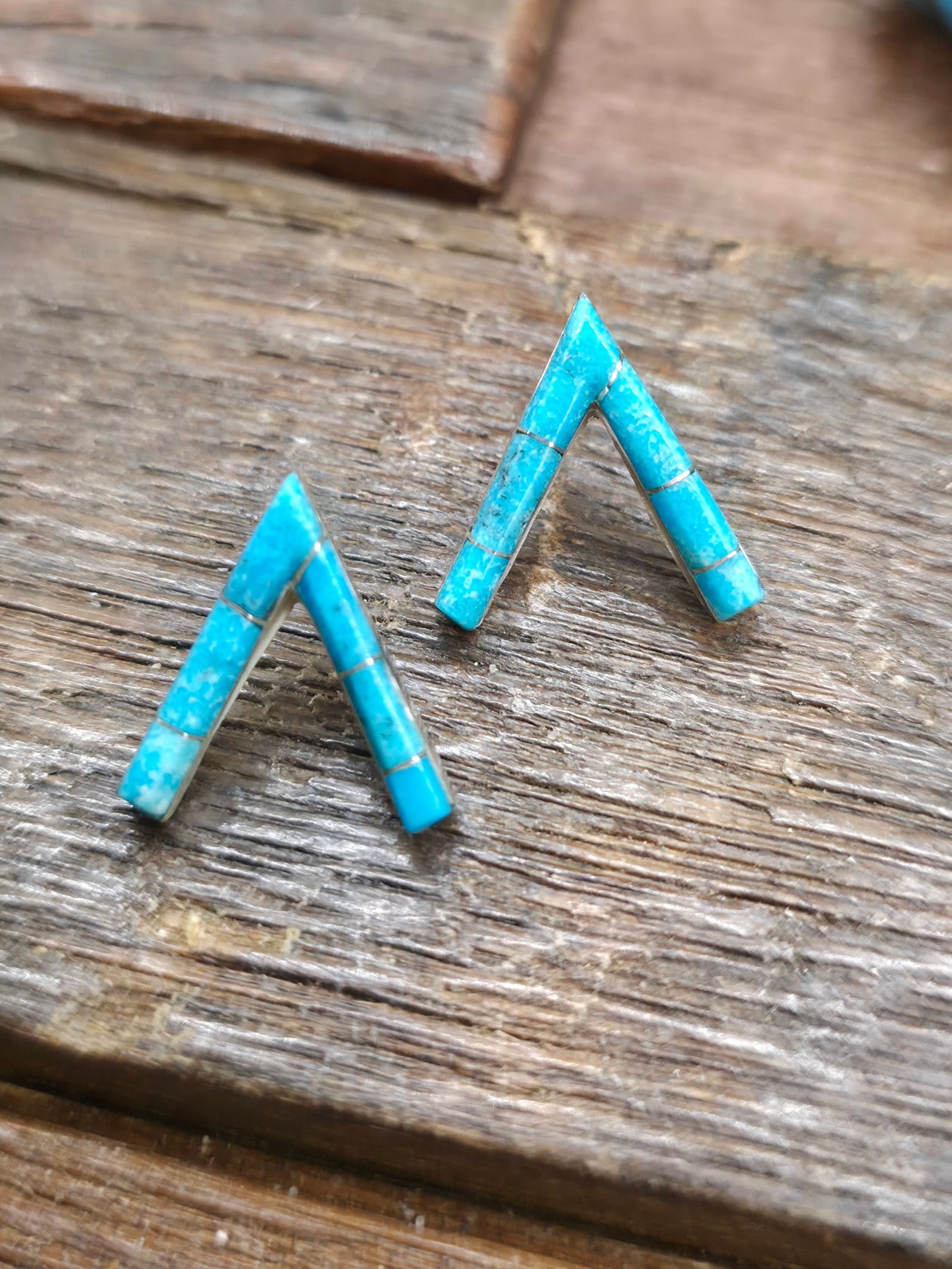 Sterling Silver Turquoise Inlay Chevron Earrings by Gloria Waseta - 3/4 in. by 3/4 in.