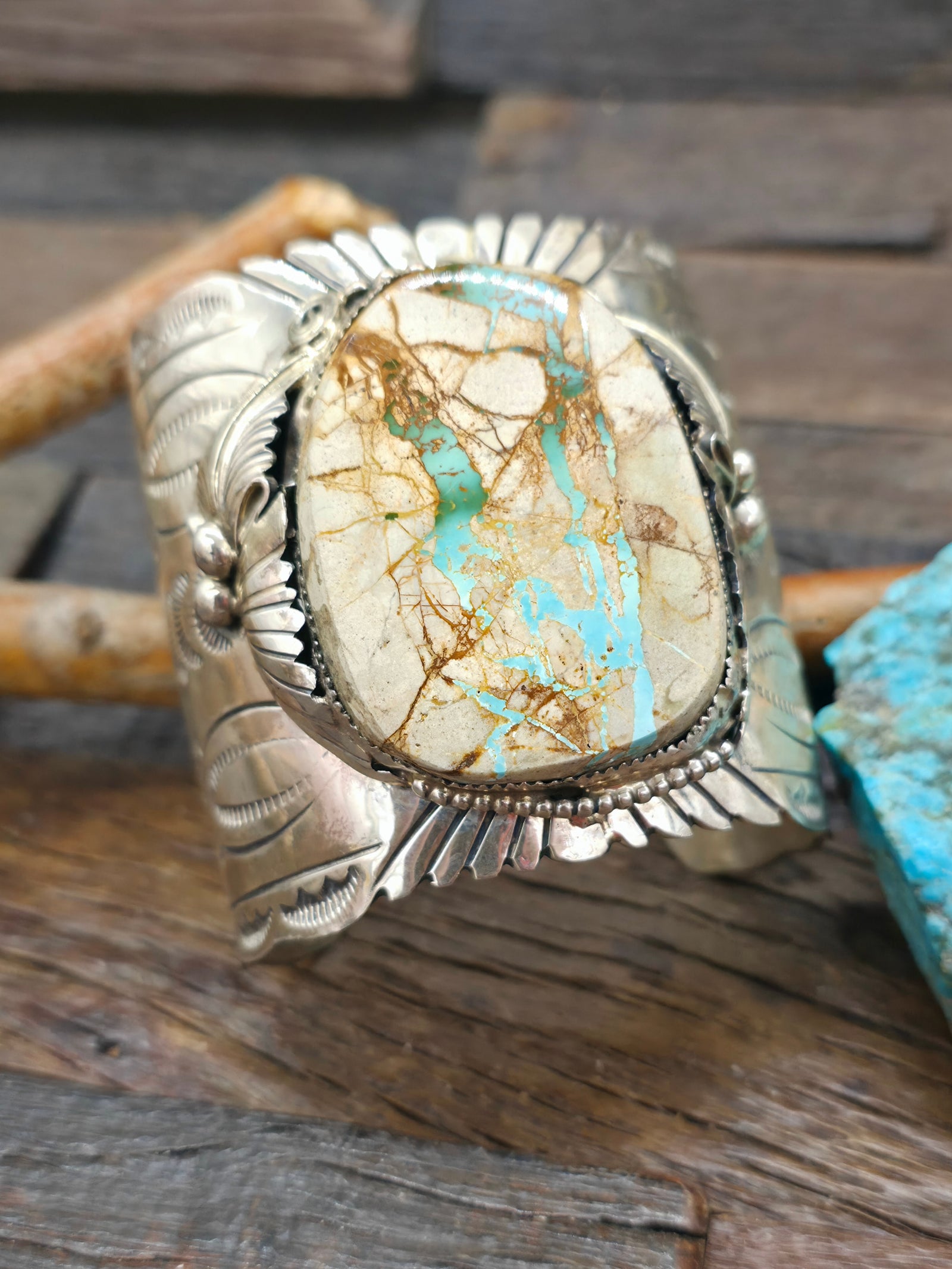 Stamped Sterling Silver Ribbon Turquoise Cuff Bracelet - 7 1/2 in. with Gap